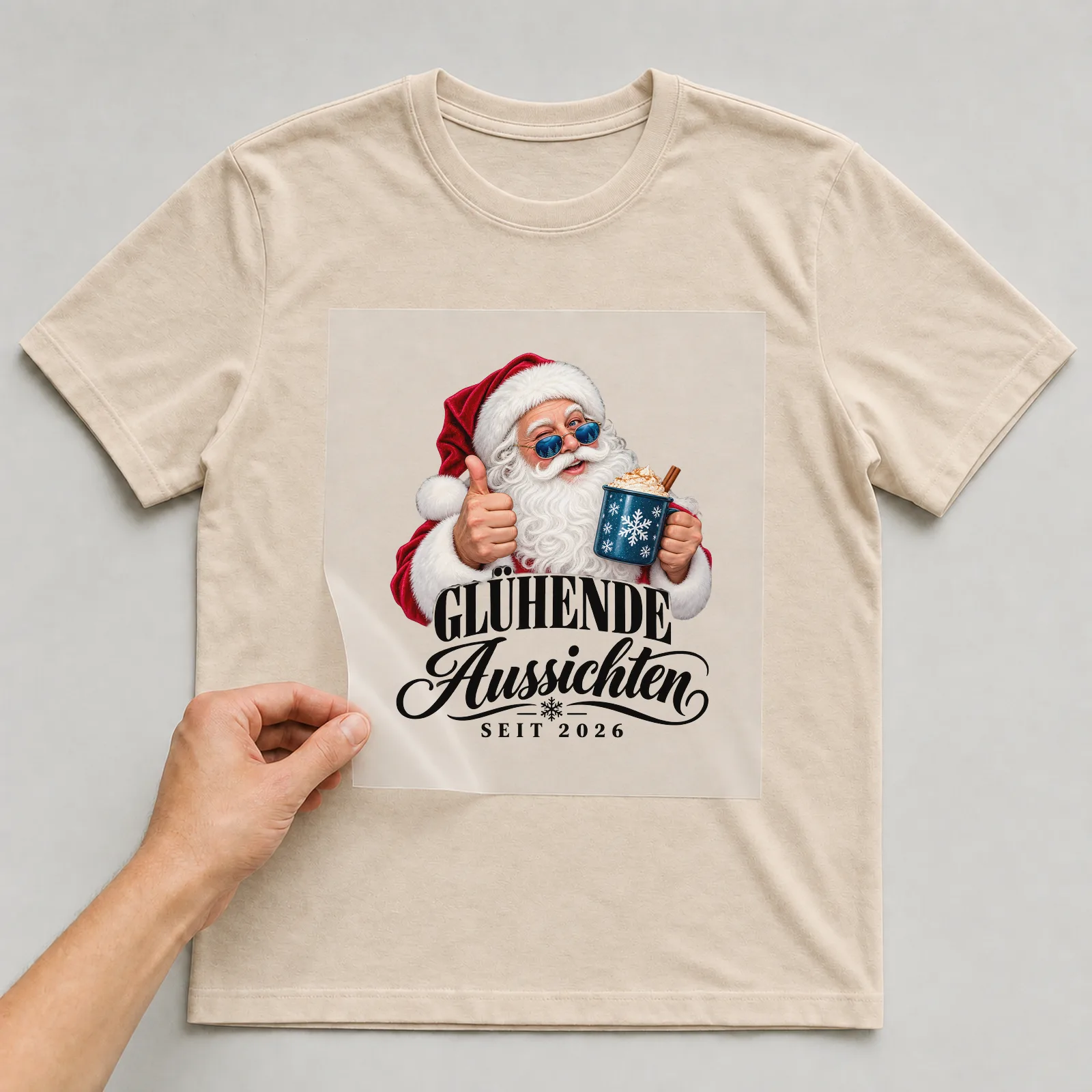 Bügelbild „Glühende Aussichten seit 2026“ auf beigem T-Shirt, Folie wird aufgelegt