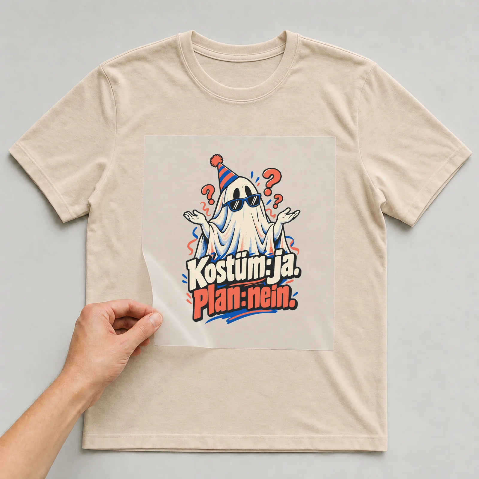 Bügelbild Kostüm: ja. Plan: nein. auf beigem T-Shirt, Folie wird aufgelegt