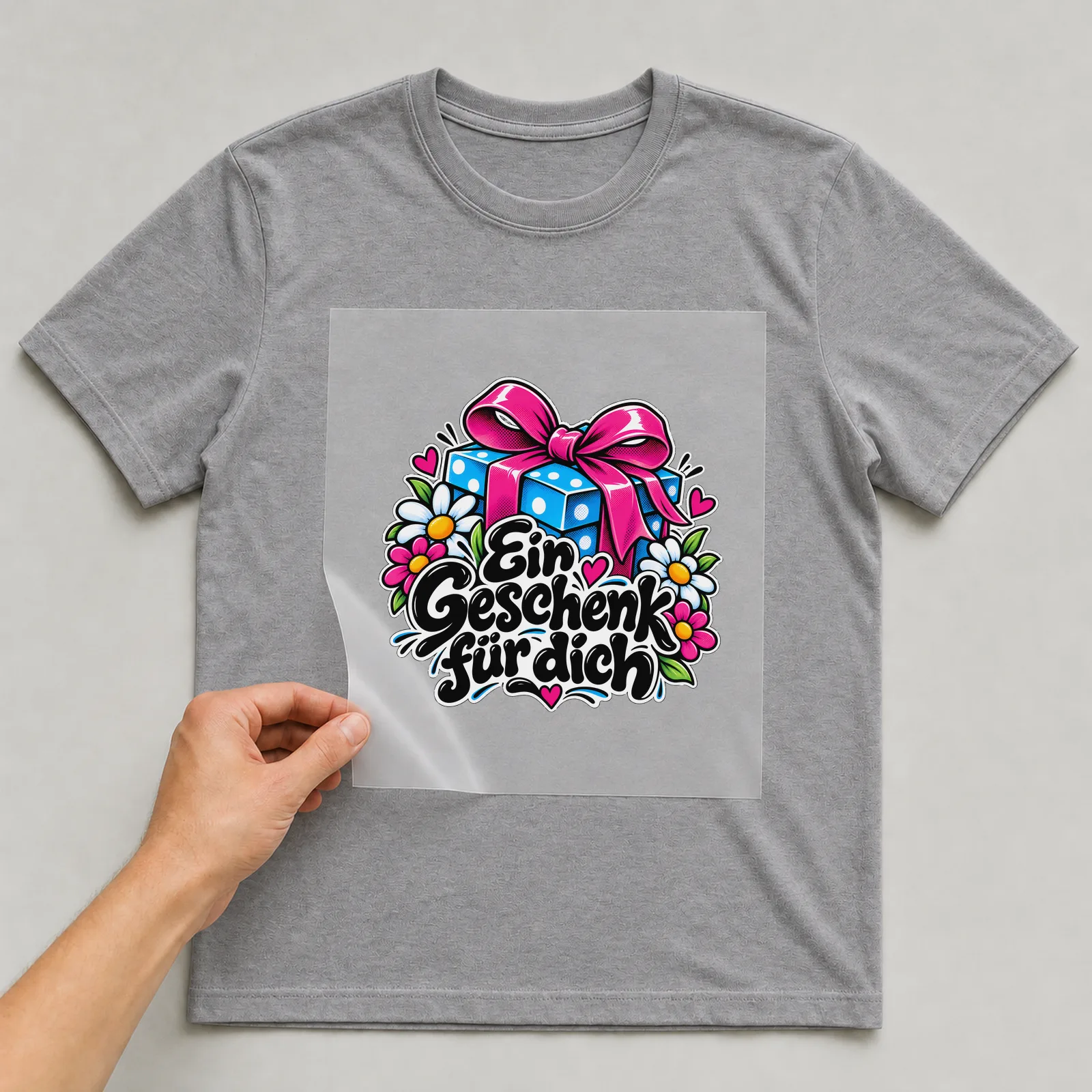 Bügelbild „Ein Geschenk für dich“ auf grauem T-Shirt, Folie wird aufgelegt