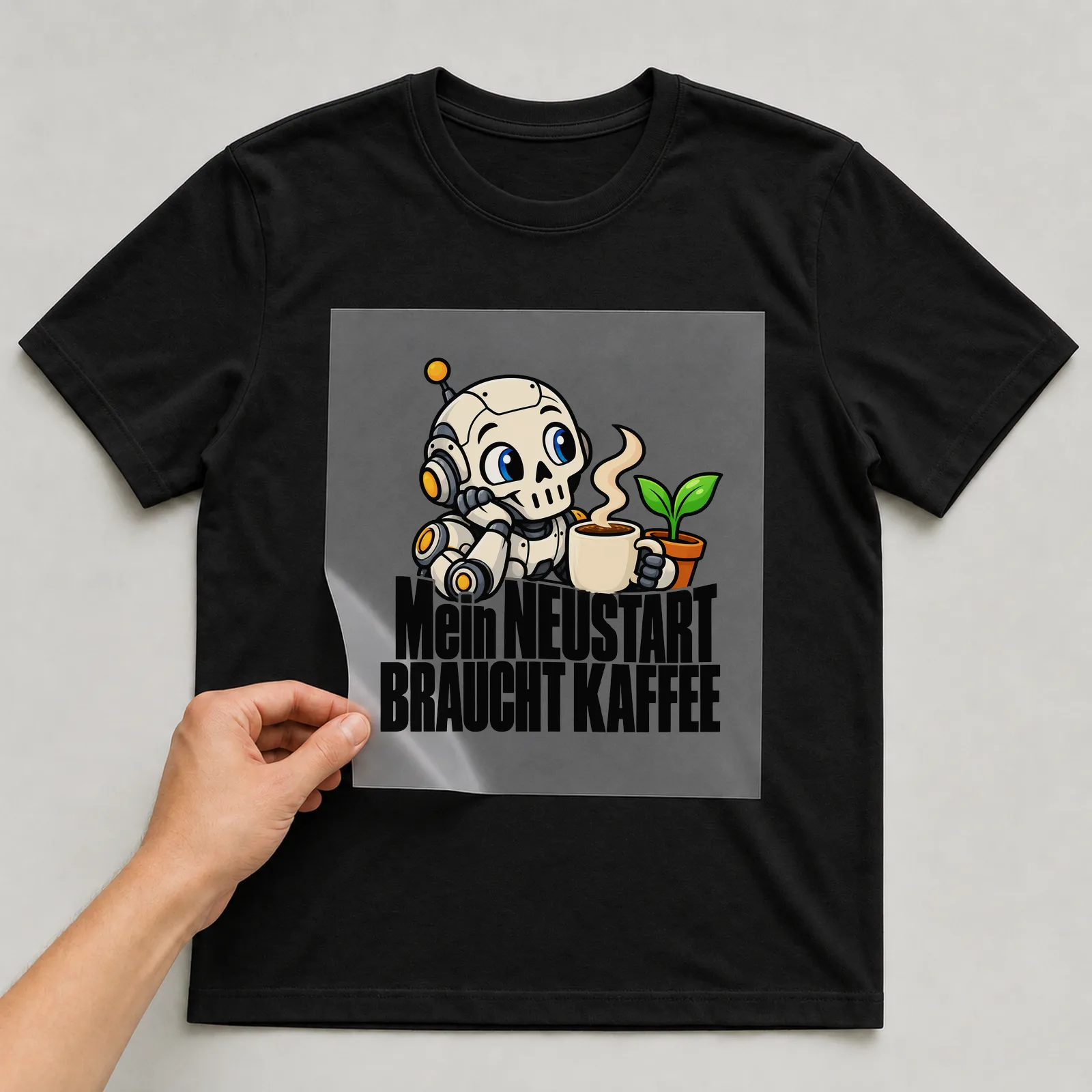 Bügelbild „Mein Neustart braucht Kaffee“ auf babyblauem T-Shirt, Folie wird aufgelegt