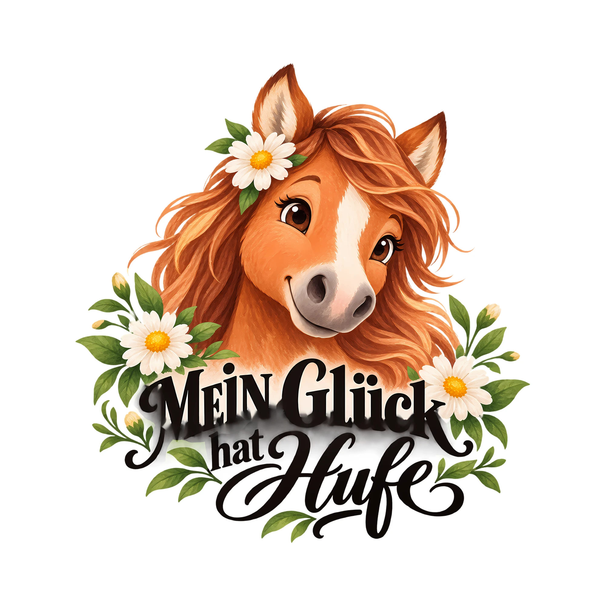 Bügelbild Mein Glück hat Hufe als Grafik auf weißem Hintergrund (BB012893)