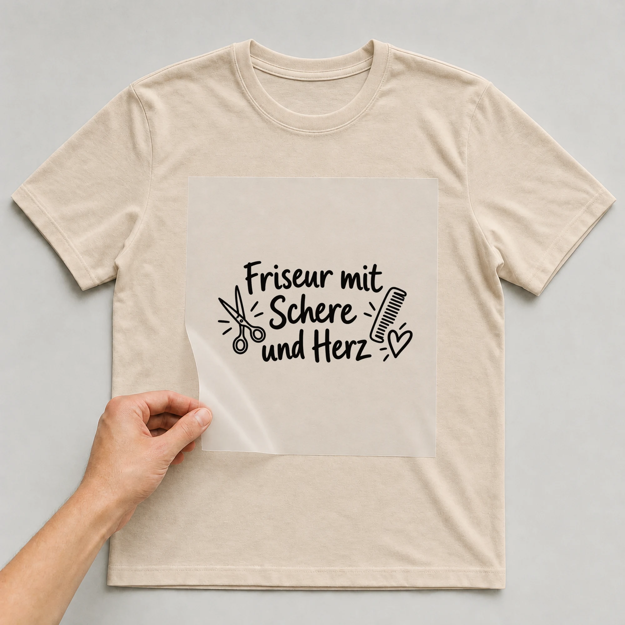 Bügelbild „Friseur mit Schere und Herz“ auf beigem T-Shirt, Folie wird aufgelegt