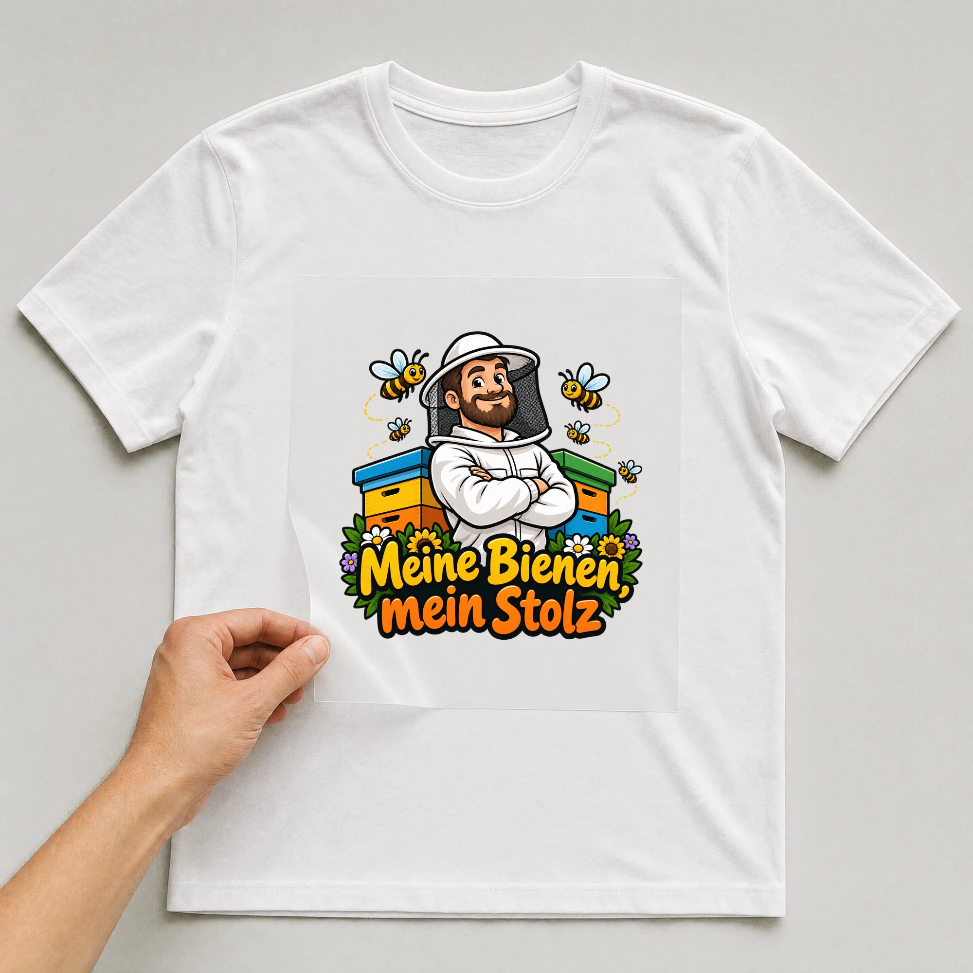 Bügelbild „Meine Bienen, mein Stolz“ auf weißem T-Shirt, Folie wird aufgelegt