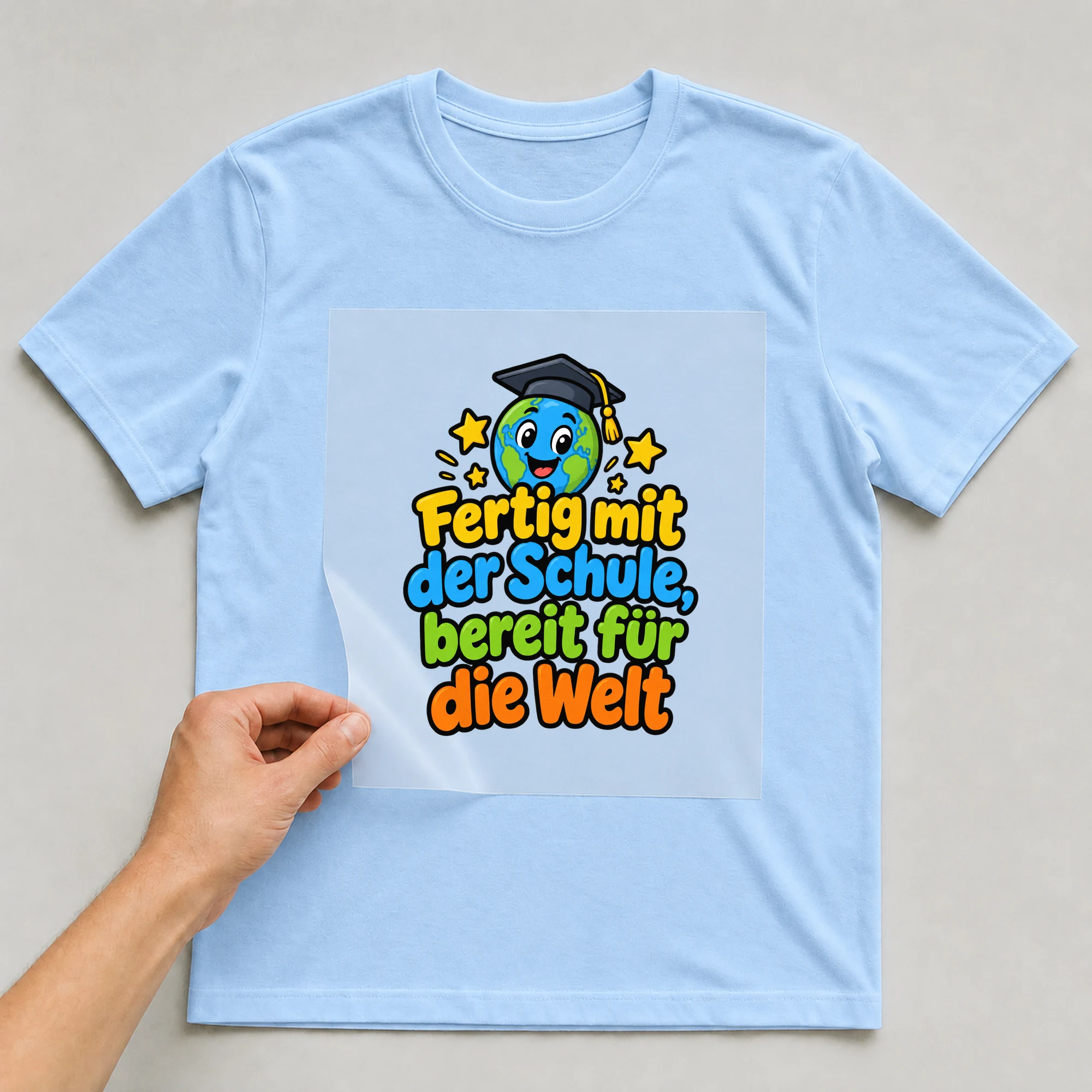 Bügelbild „Fertig mit der schule bereit fuer“ auf babyblauem T-Shirt, Folie wird aufgelegt
