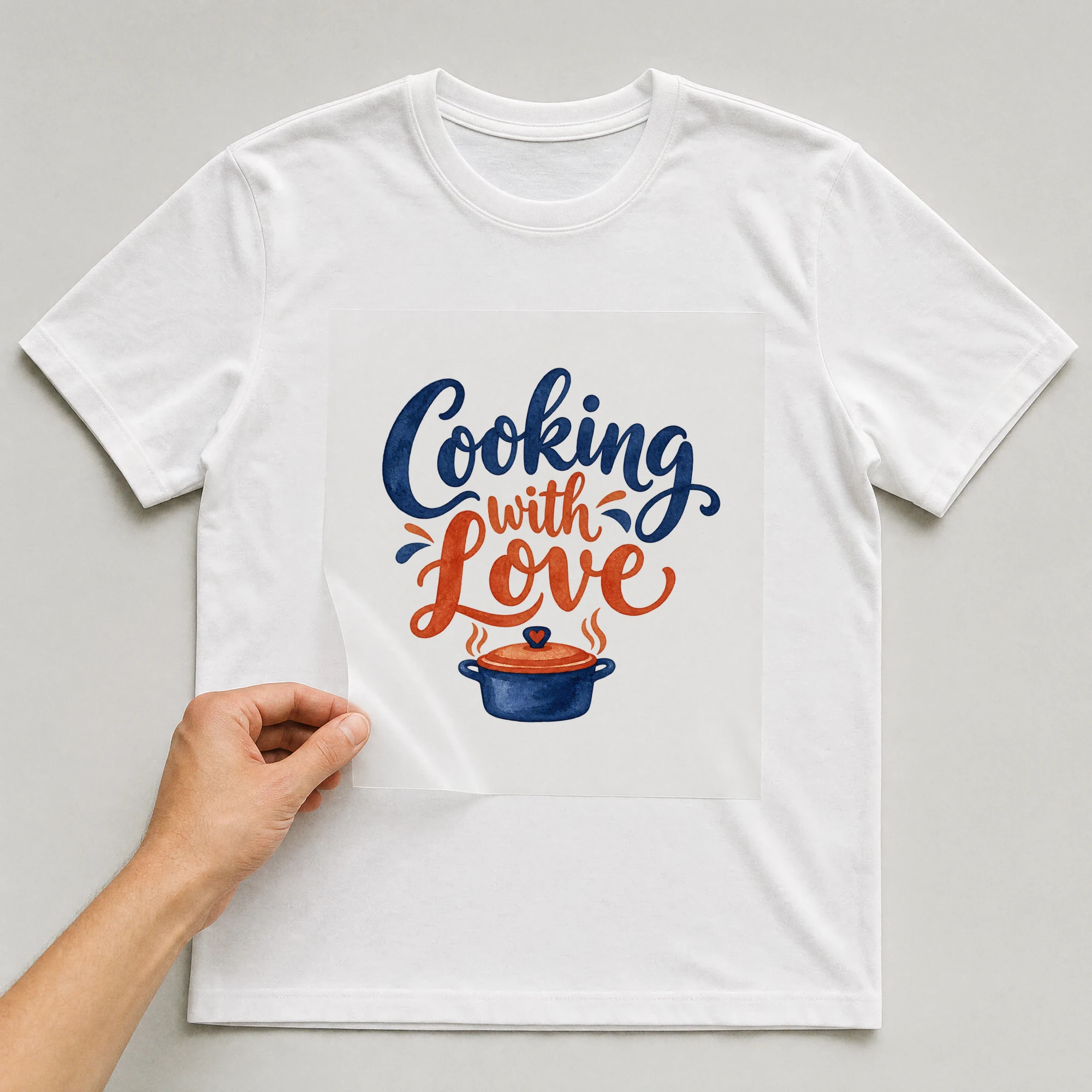 Bügelbild „Cooking with Love“ auf weißem T-Shirt, Folie wird aufgelegt