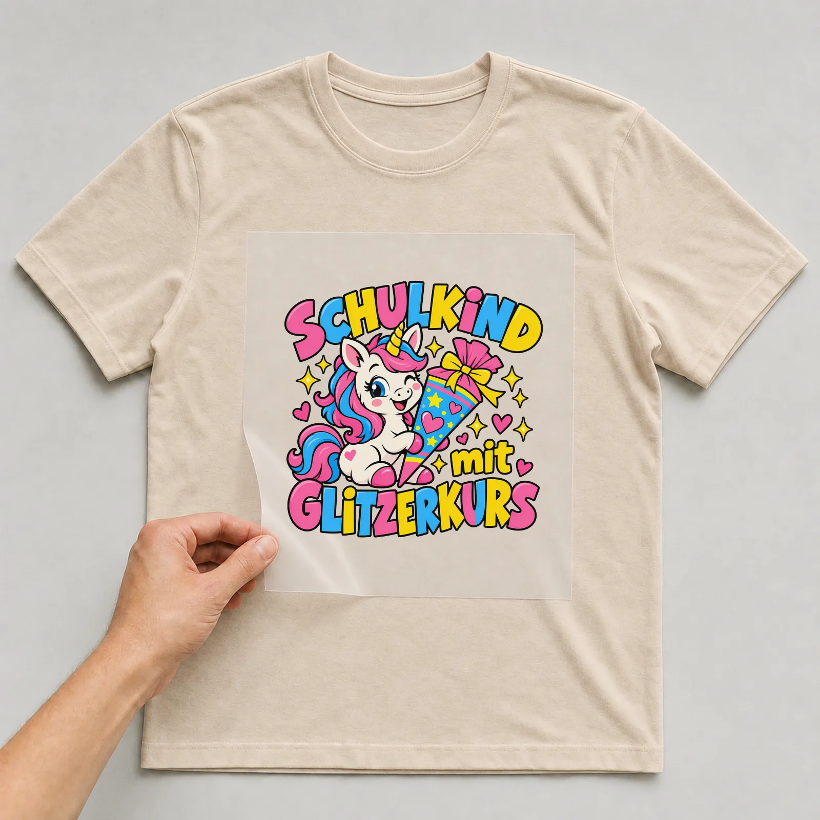 Bügelbild „Schulkind mit Glitzerkurs“ auf beigem T-Shirt, Folie wird aufgelegt