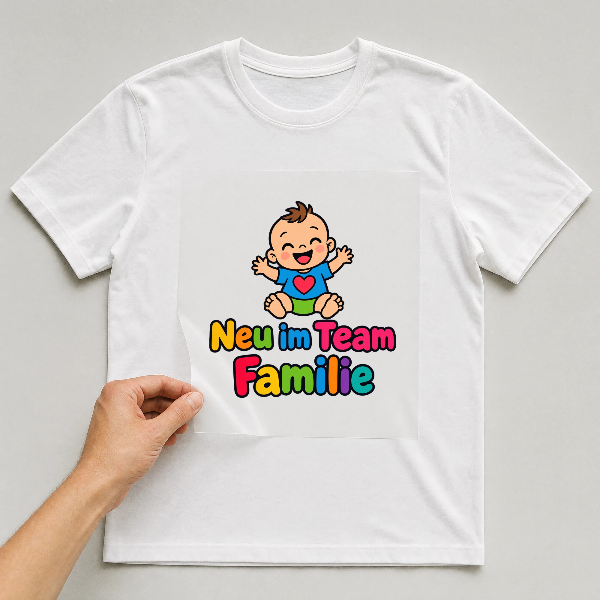 Bügelbild „Neu im Team Familie“ auf weißem T-Shirt, Folie wird aufgelegt