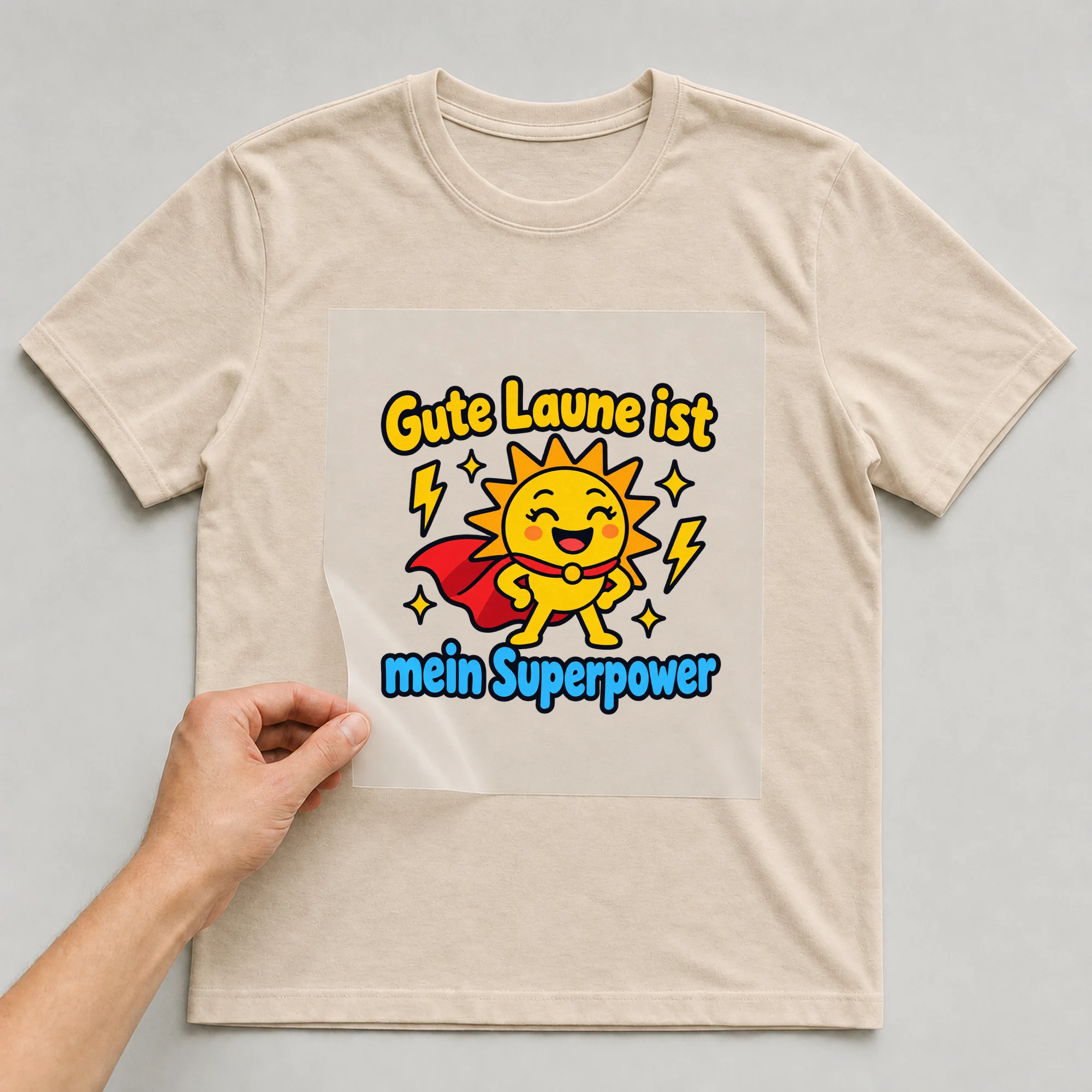 Bügelbild „Gute Laune ist mein Superpower“ auf beigem T-Shirt, Folie wird aufgelegt