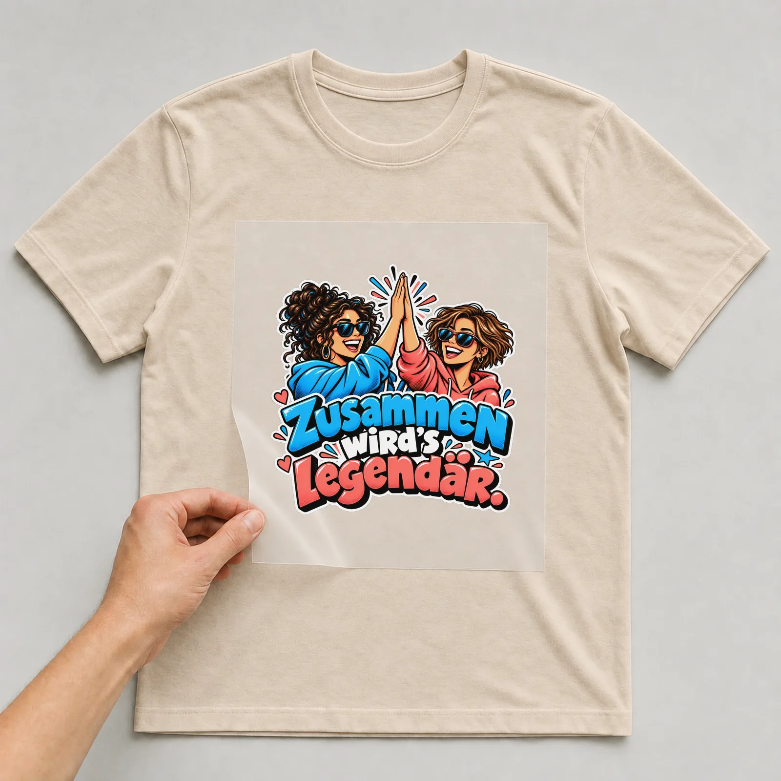 Bügelbild „Zusammen wird's legendär“ auf beigem T-Shirt, Folie wird aufgelegt