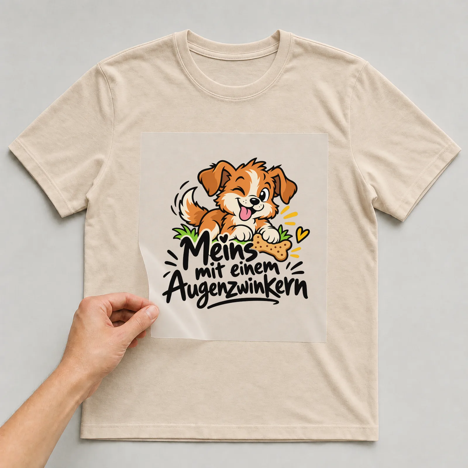 Bügelbild „Meins mit einem Augenzwinkern“ auf beigem T-Shirt, Folie wird aufgelegt