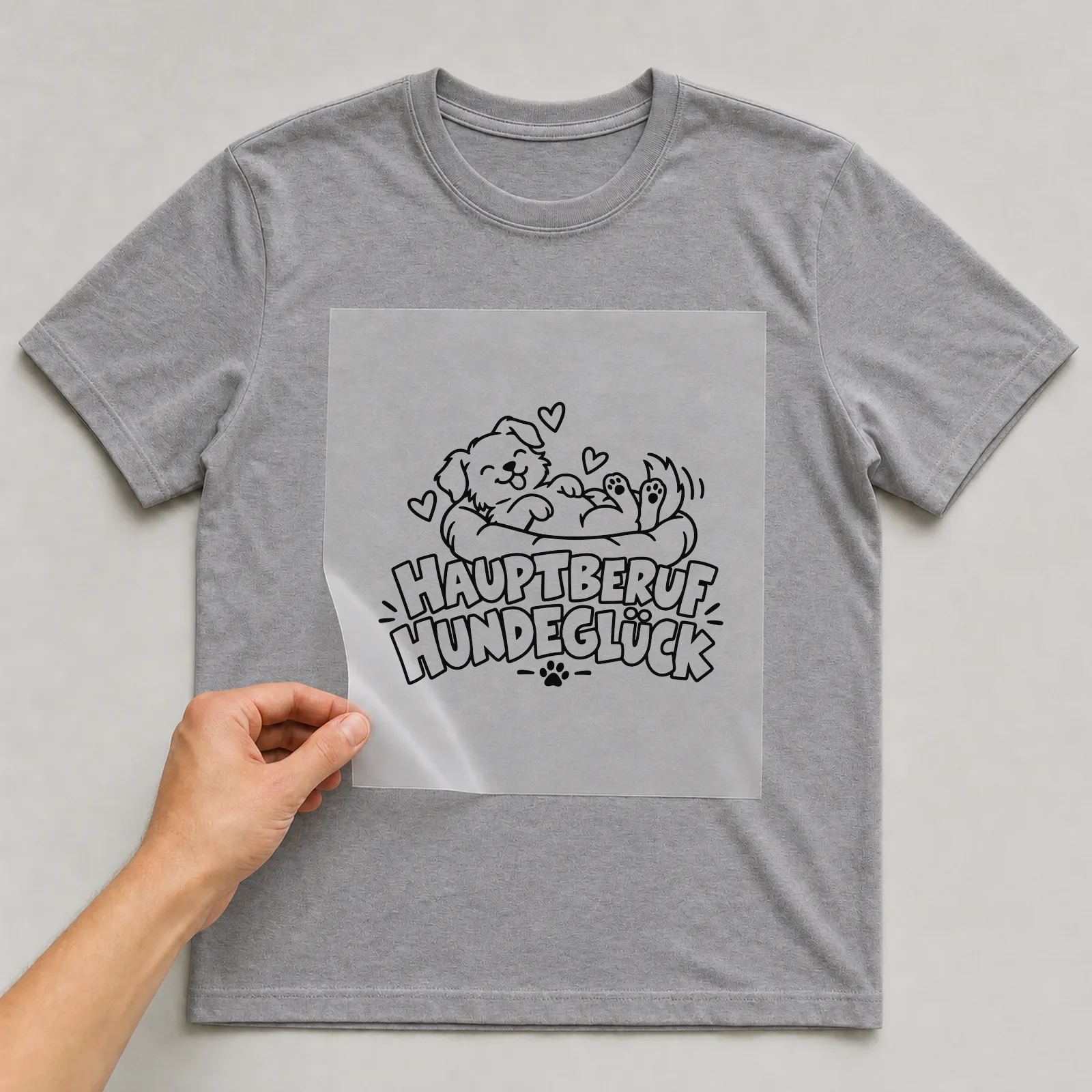 Bügelbild „Hauptberuf Hundeglück“ auf grauem T-Shirt, Folie wird aufgelegt
