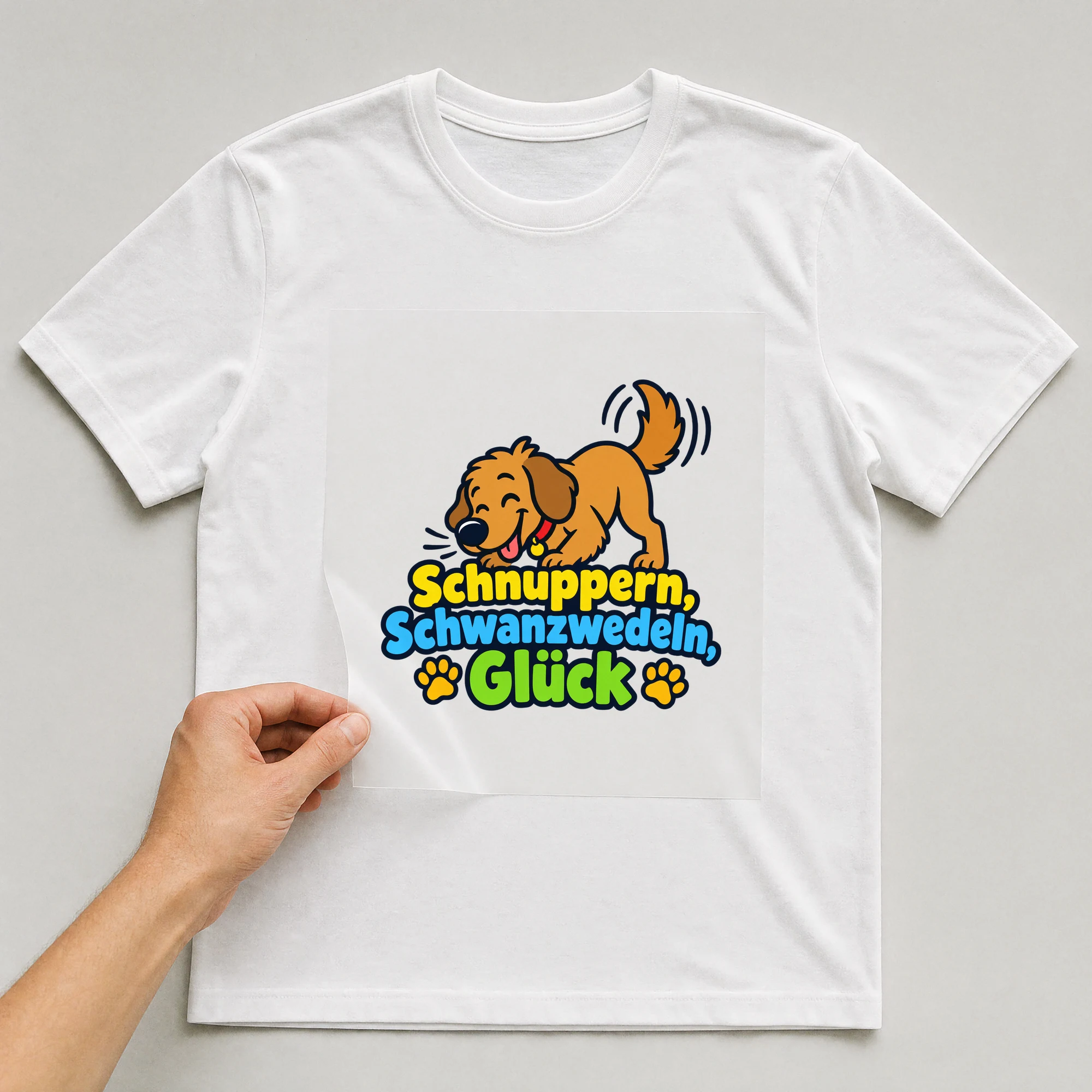 Bügelbild „Schnuppern, Schwanzwedeln, Glück“ auf weißem T-Shirt, Folie wird aufgelegt