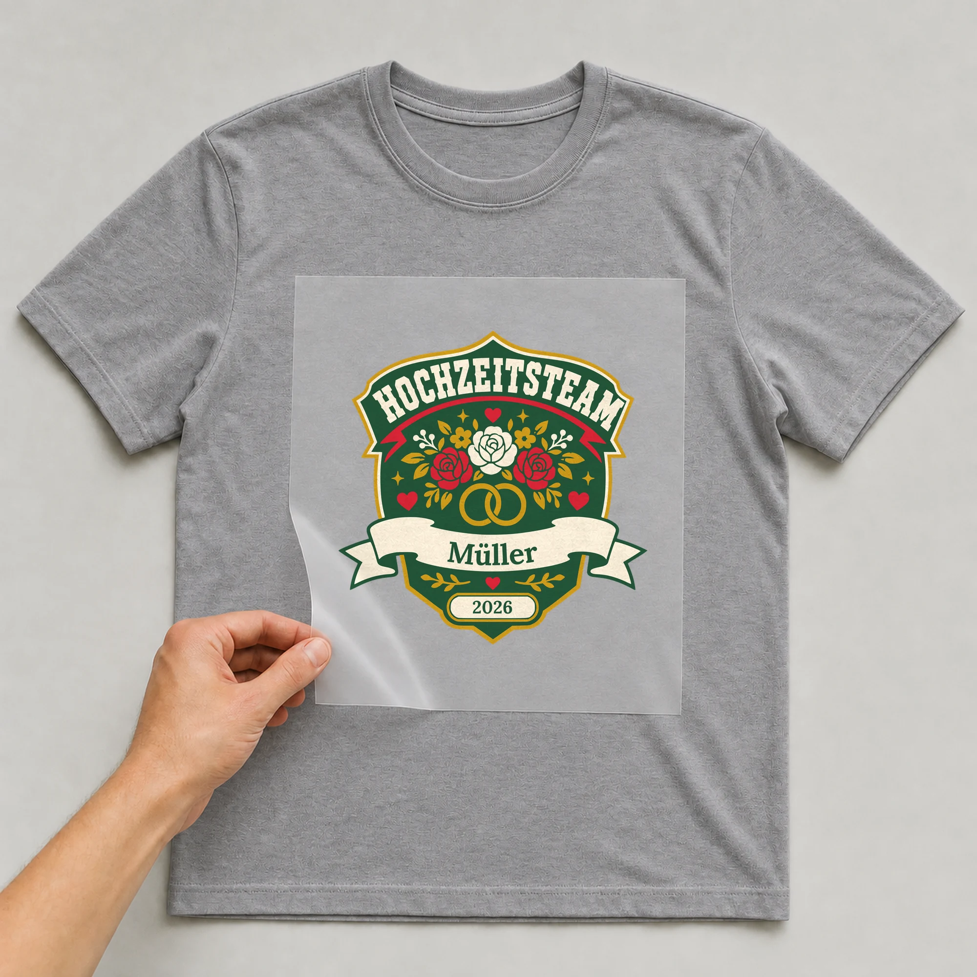 Bügelbild Hochzeitsteam mit Nachname und Jahr auf grauem T-Shirt, Folie wird aufgelegt