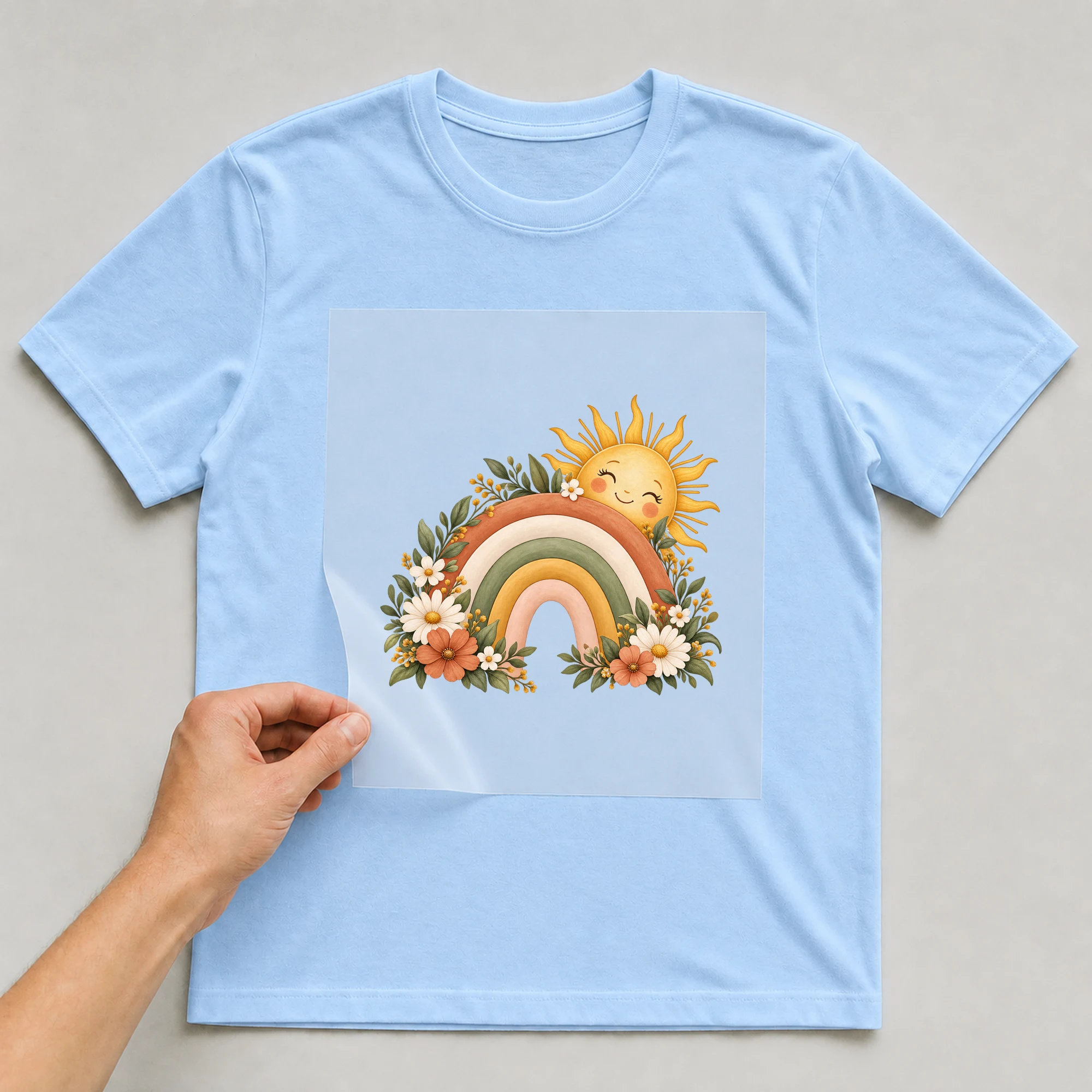 Bügelbild „Regenbogen mit Sonne“ auf babyblauem T-Shirt, Folie wird aufgelegt