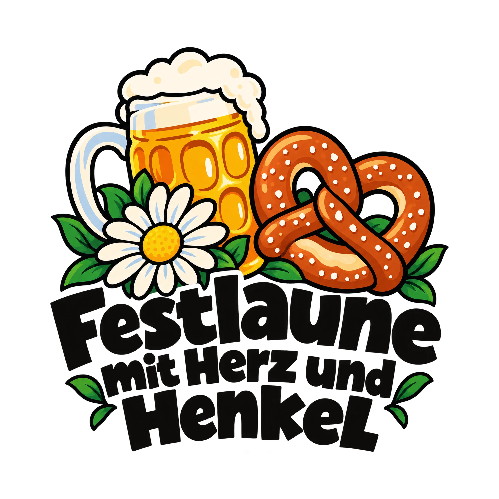 Bügelbild Festlaune mit Herz und Henkel als Grafik auf weißem Hintergrund (BB011923)