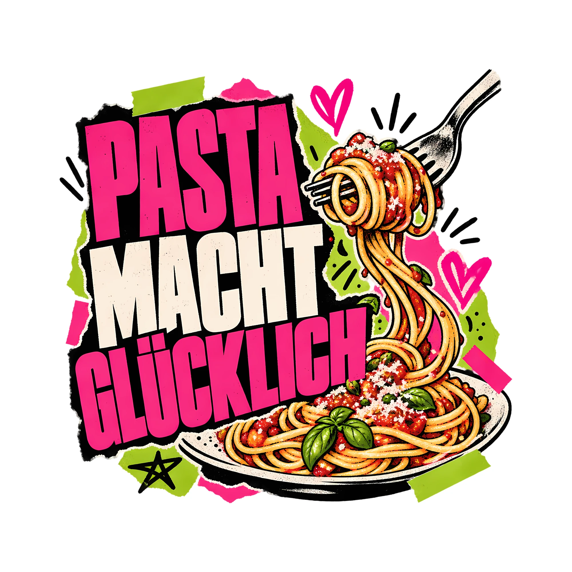 Bügelbild Pasta macht glücklich als Grafik auf weißem Hintergrund (BB012115)