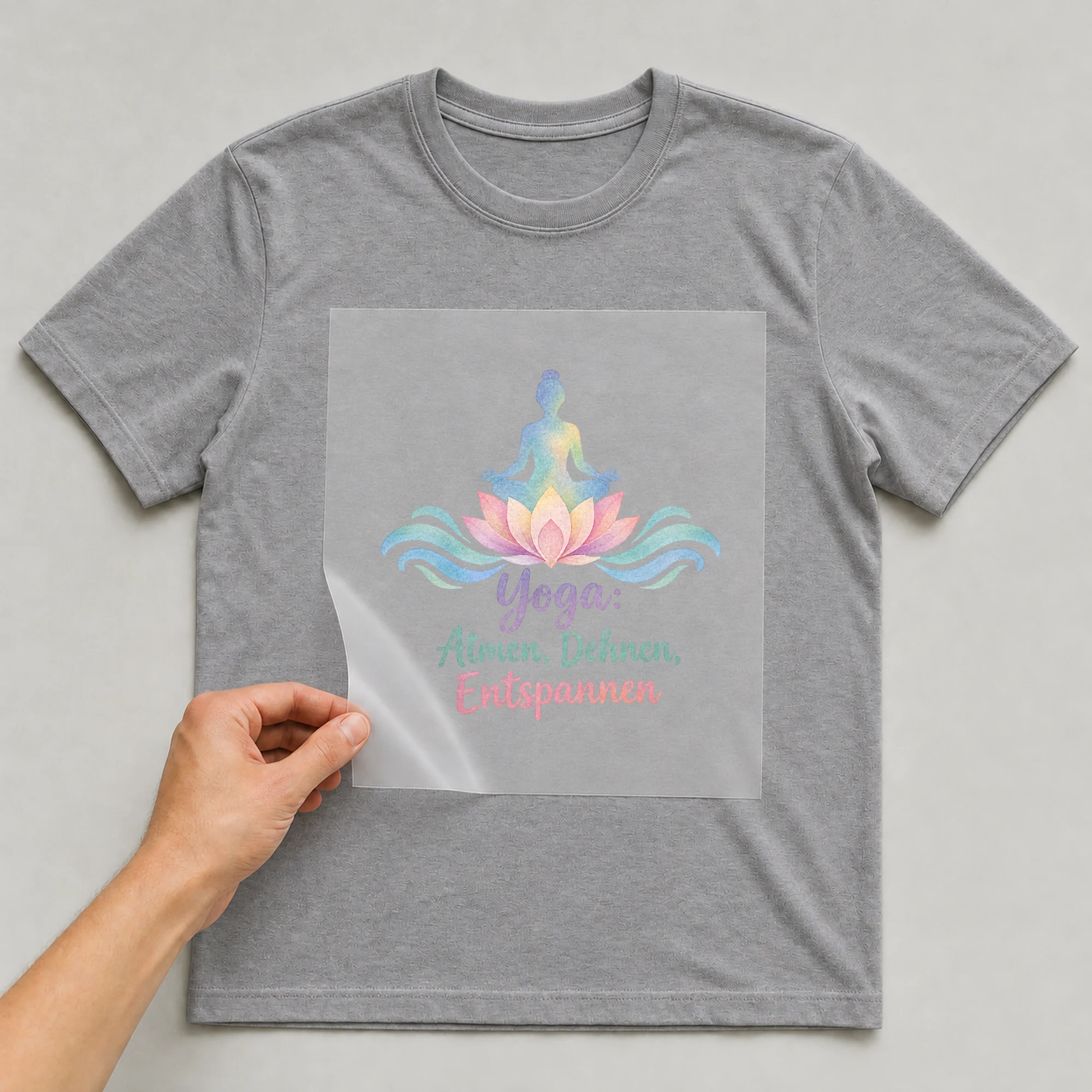 Bügelbild „Yoga: Atmen, Dehnen, Entspannen“ auf grauem T-Shirt, Folie wird aufgelegt