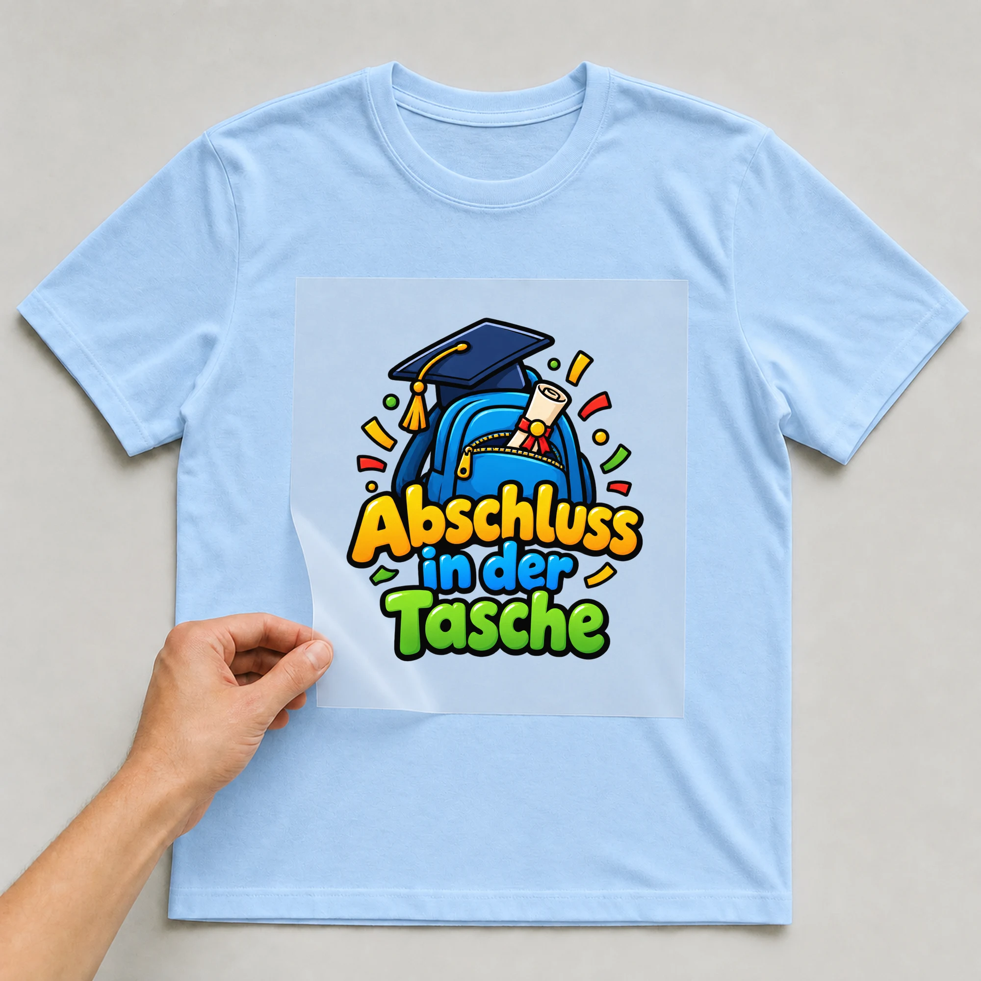 Bügelbild „Abschluss in der tasche“ auf babyblauem T-Shirt, Folie wird aufgelegt
