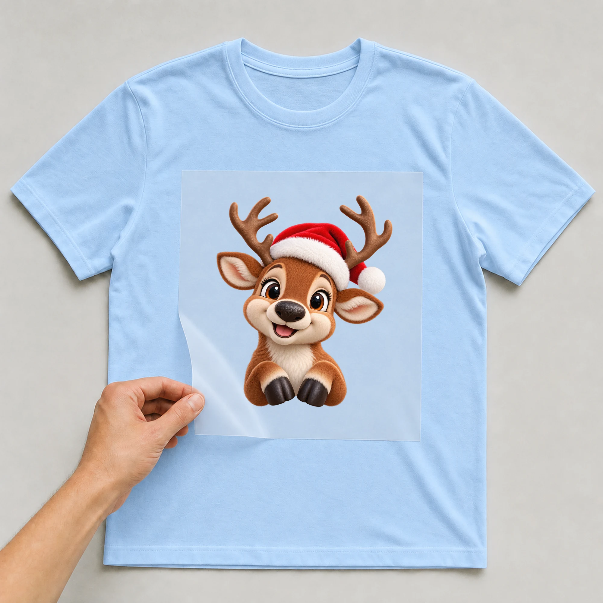 Bügelbild „3D Rentier“ auf babyblauem T-Shirt, Folie wird aufgelegt