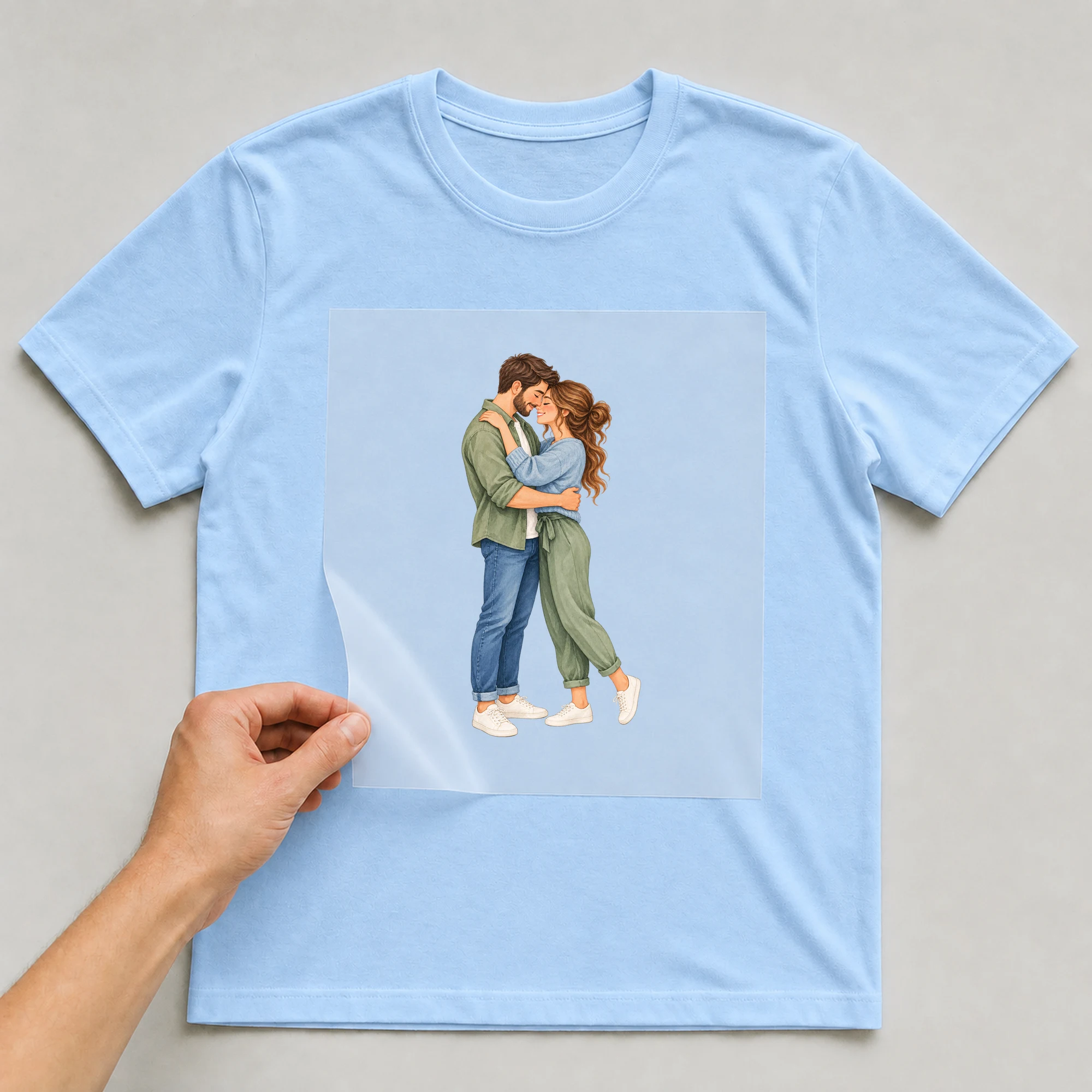 Bügelbild „Liebespaar“ auf babyblauem T-Shirt, Folie wird aufgelegt