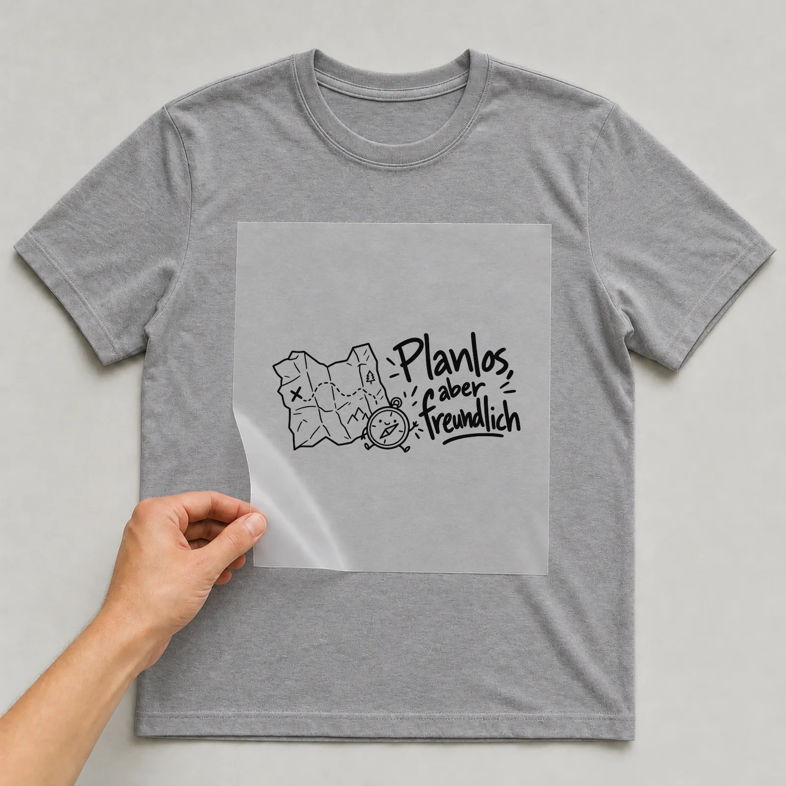 Bügelbild „Planlos, aber freundlich“ auf grauem T-Shirt, Folie wird aufgelegt