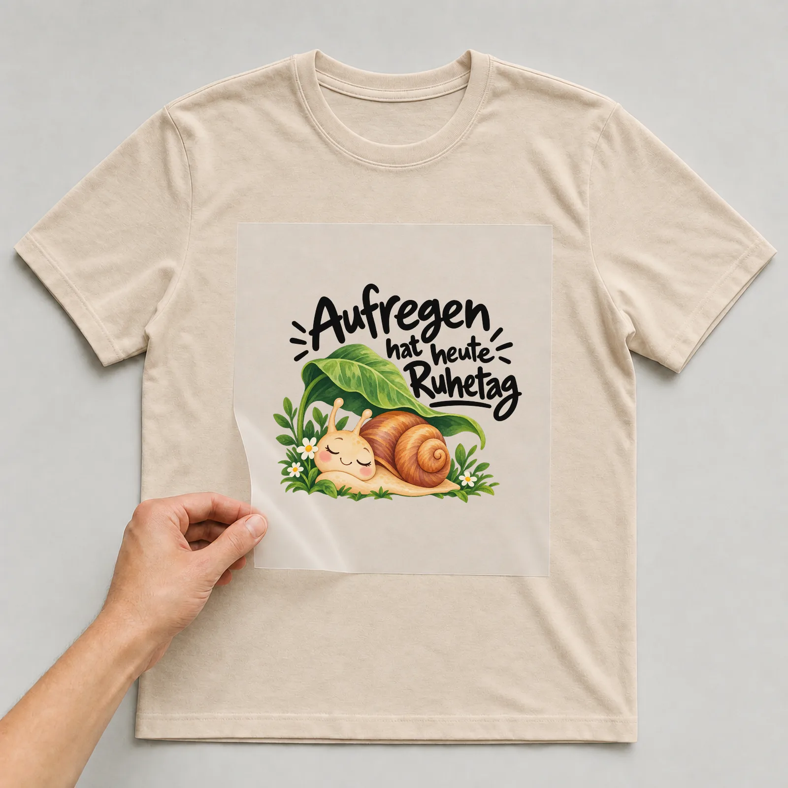 Bügelbild „Aufregen hat heute Ruhetag“ auf beigem T-Shirt, Folie wird aufgelegt