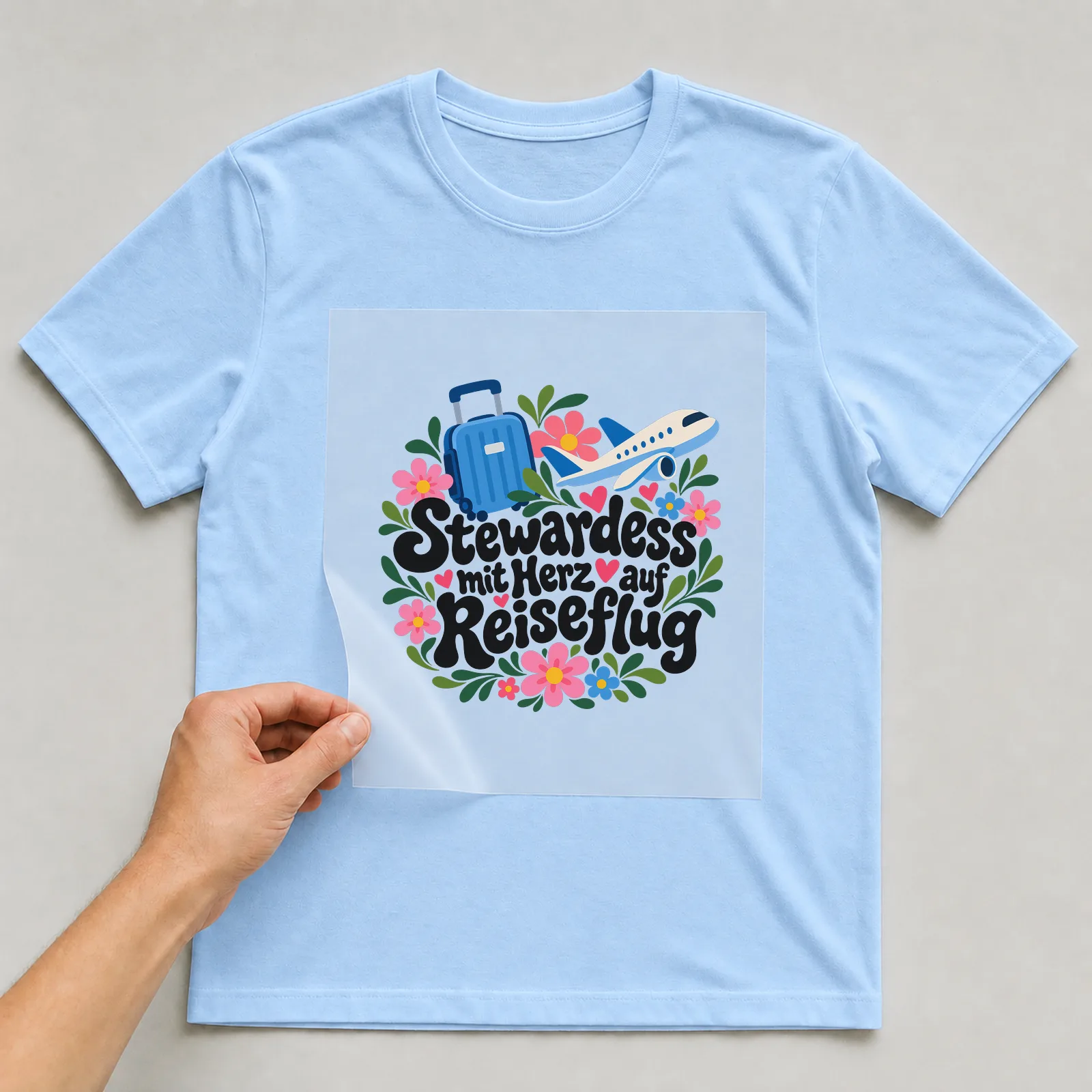 Bügelbild „Stewardess mit Herz auf Reiseflug“ auf hellblauem T-Shirt, Folie wird aufgelegt