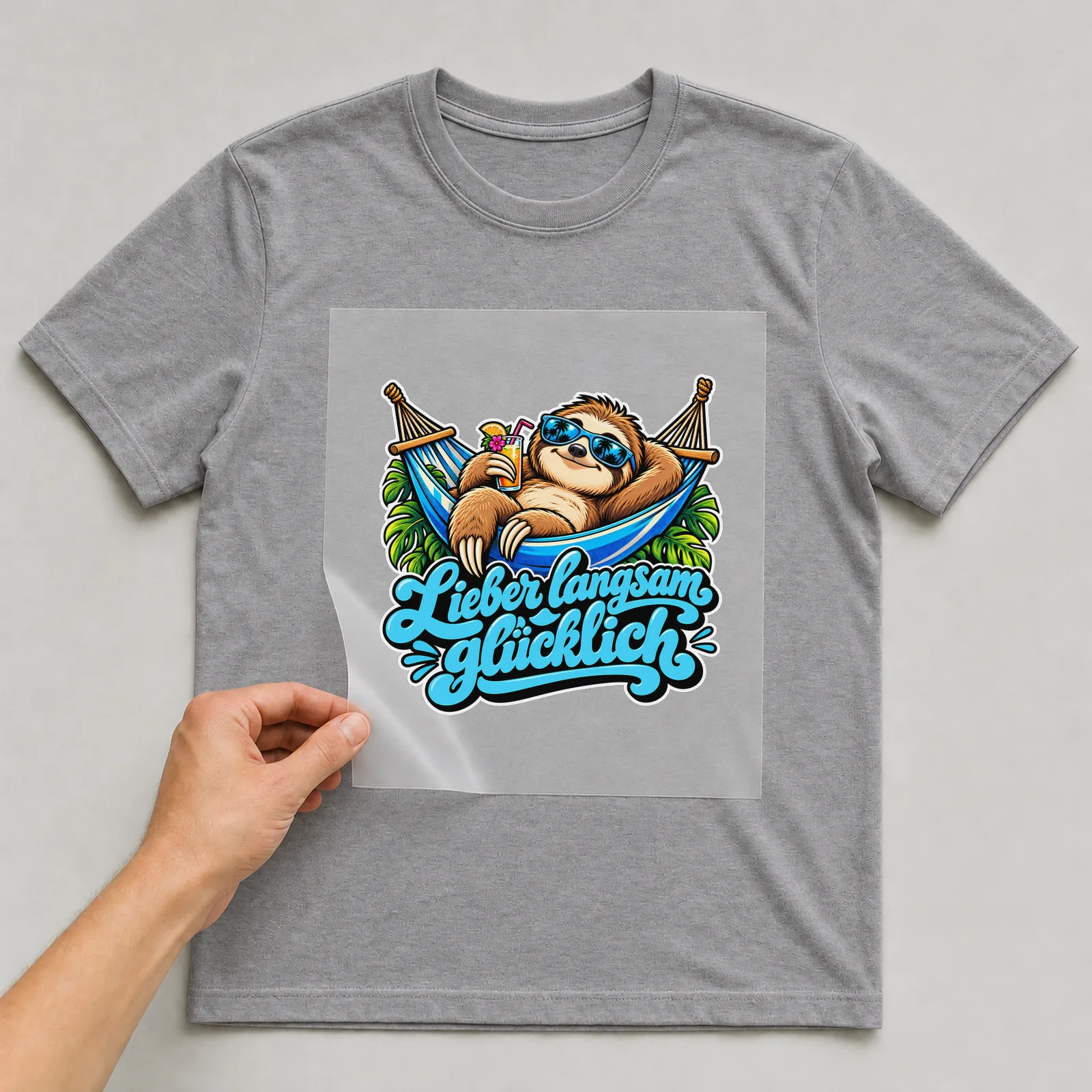 Bügelbild „Lieber langsam glücklich“ auf grauem T-Shirt, Folie wird aufgelegt