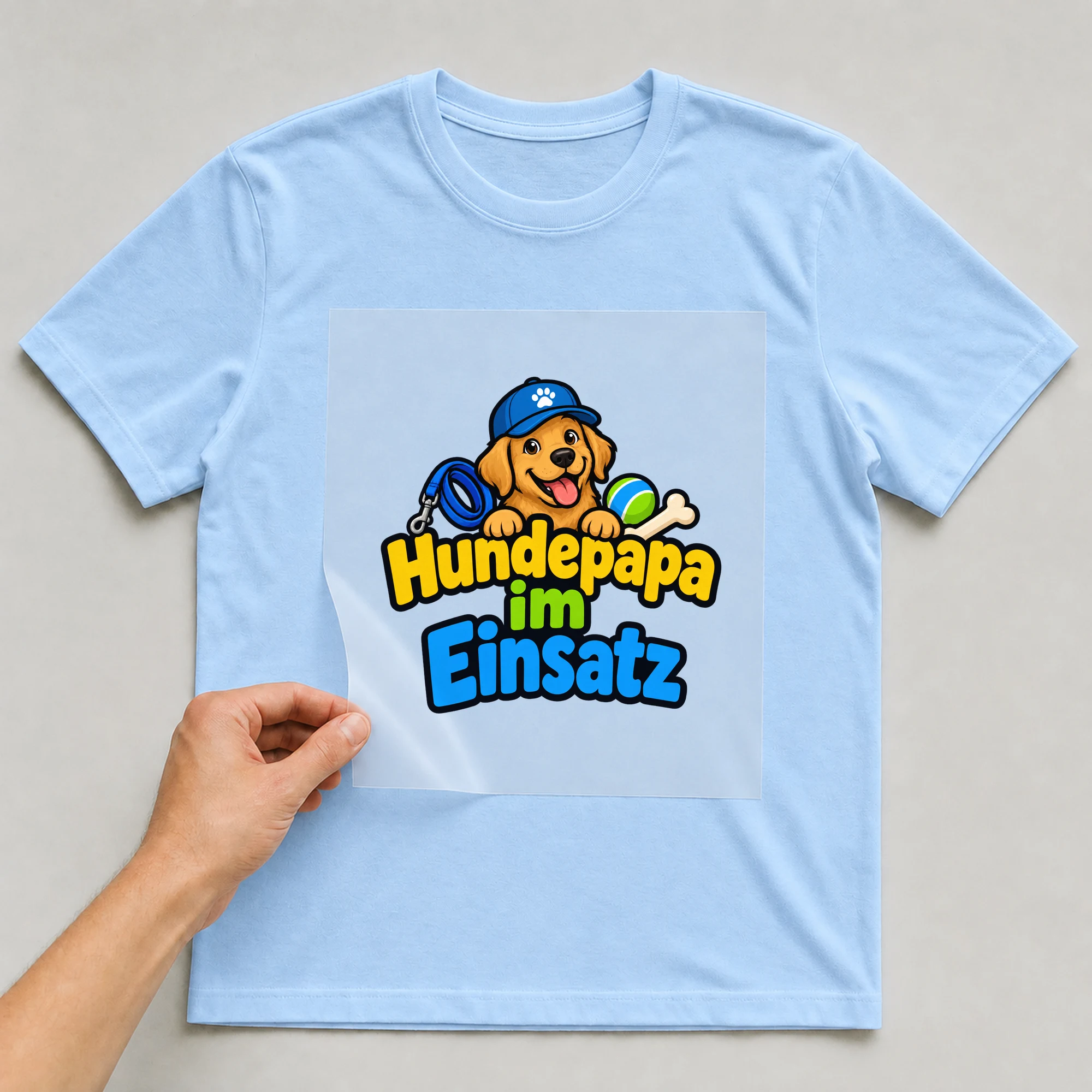 Bügelbild „Hundepapa im Einsatz“ auf babyblauem T-Shirt, Folie wird aufgelegt