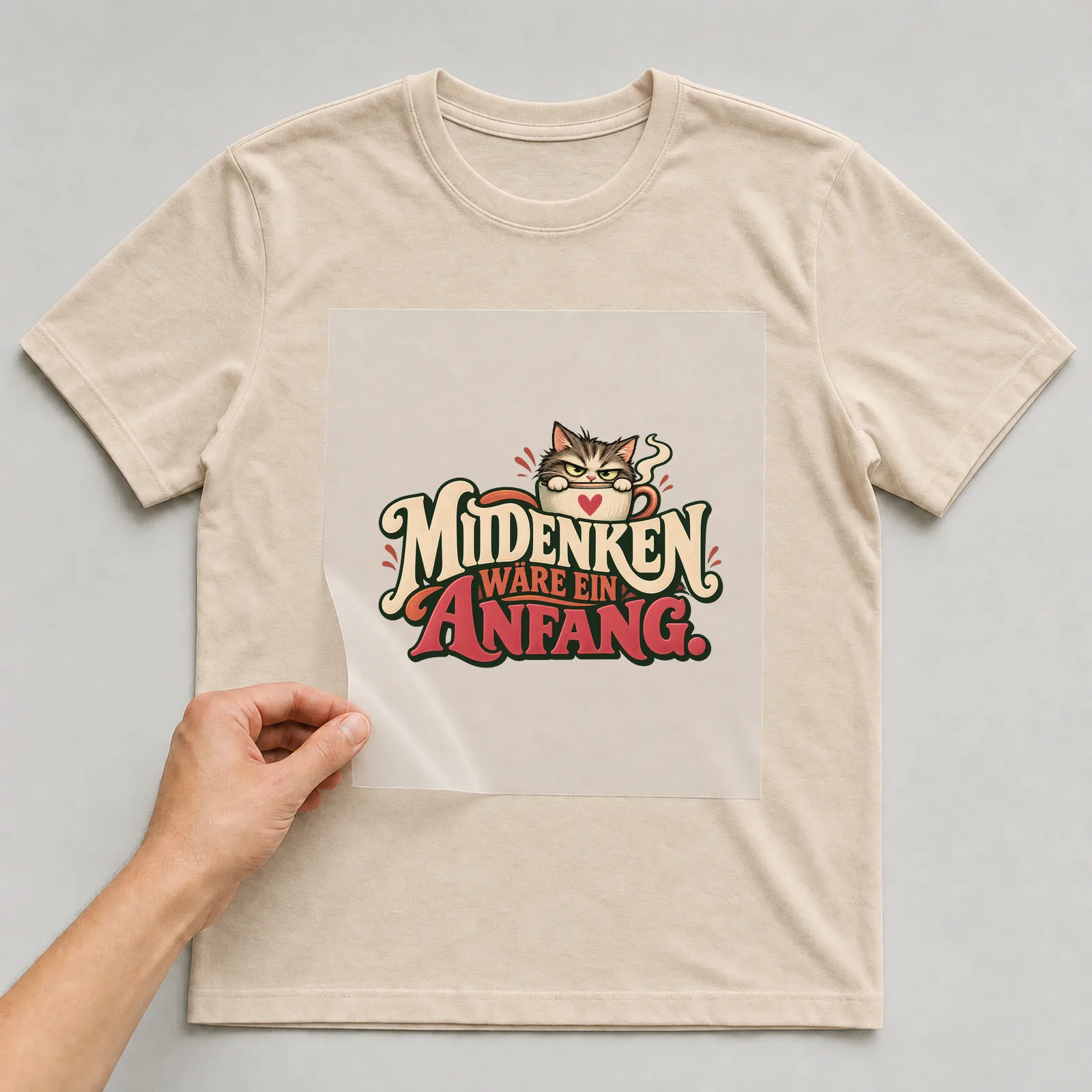 Bügelbild „Mitdenken wäre ein Anfang“ auf beigem T-Shirt, Folie wird aufgelegt