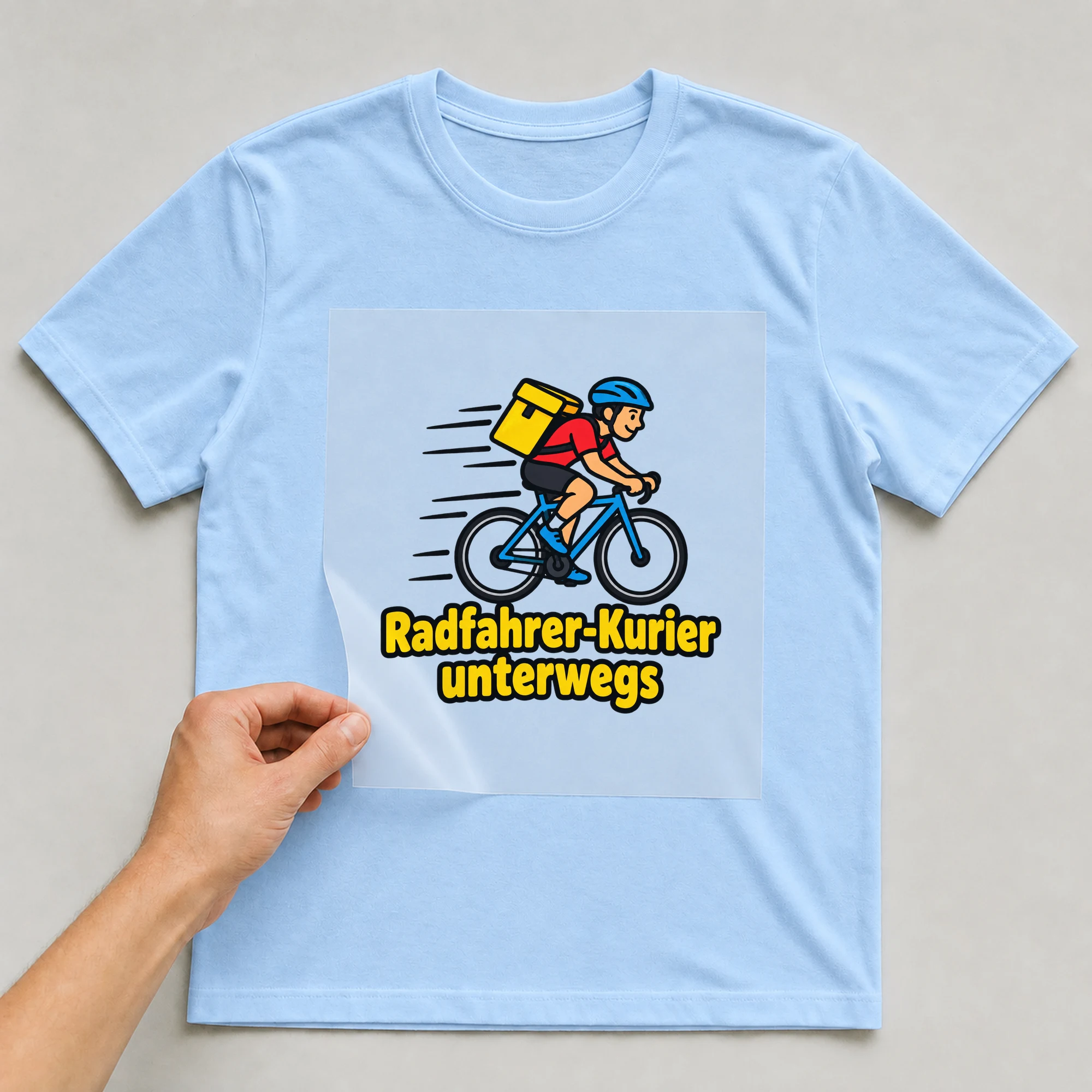 Bügelbild „Radfahrer-Kurier unterwegs“ auf babyblauem T-Shirt, Folie wird aufgelegt