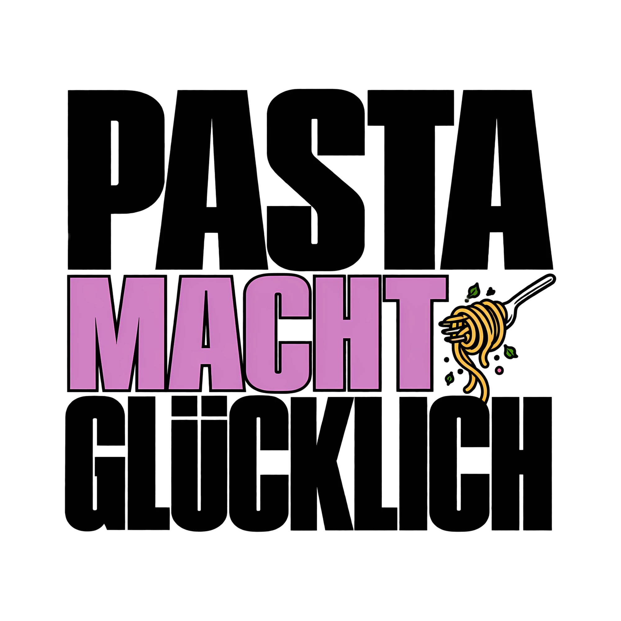 Bügelbild Pasta macht glücklich als Grafik auf weißem Hintergrund (BB012124)