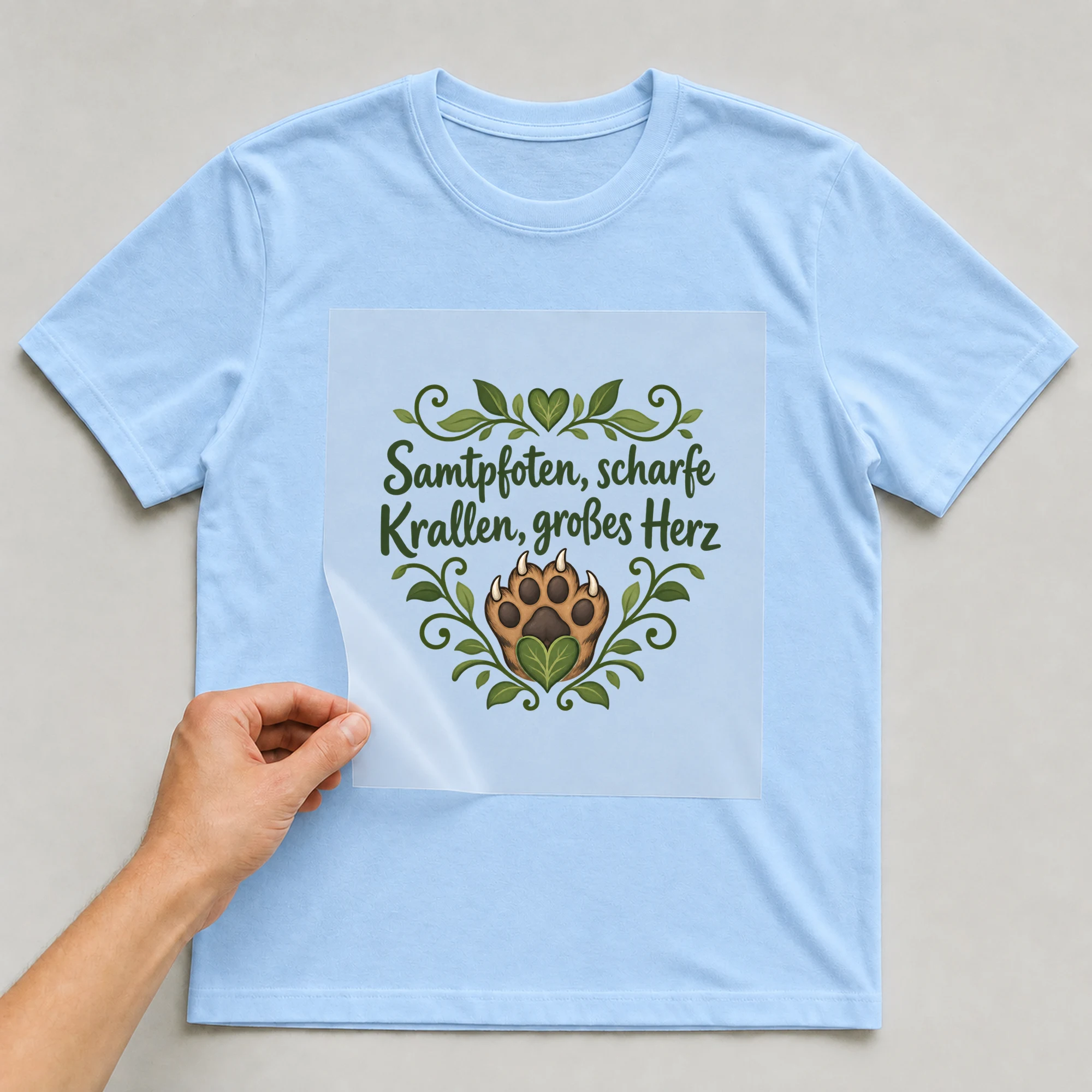 Bügelbild „Samtpfoten, scharfe Krallen, großes Herz“ auf babyblauem T-Shirt, Folie wird aufgelegt