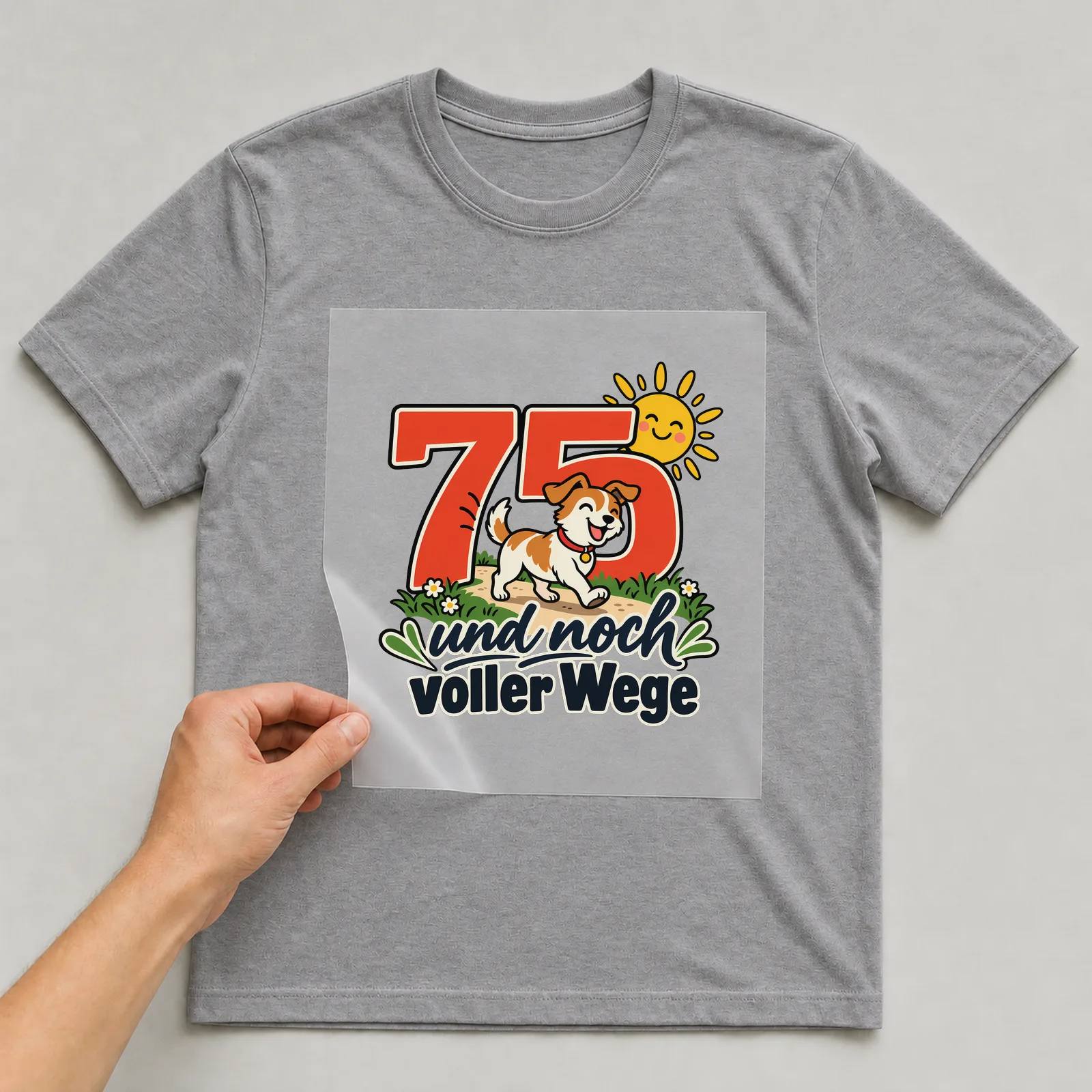 Bügelbild „75 und noch voller Wege“ auf grauem T-Shirt, Folie wird aufgelegt