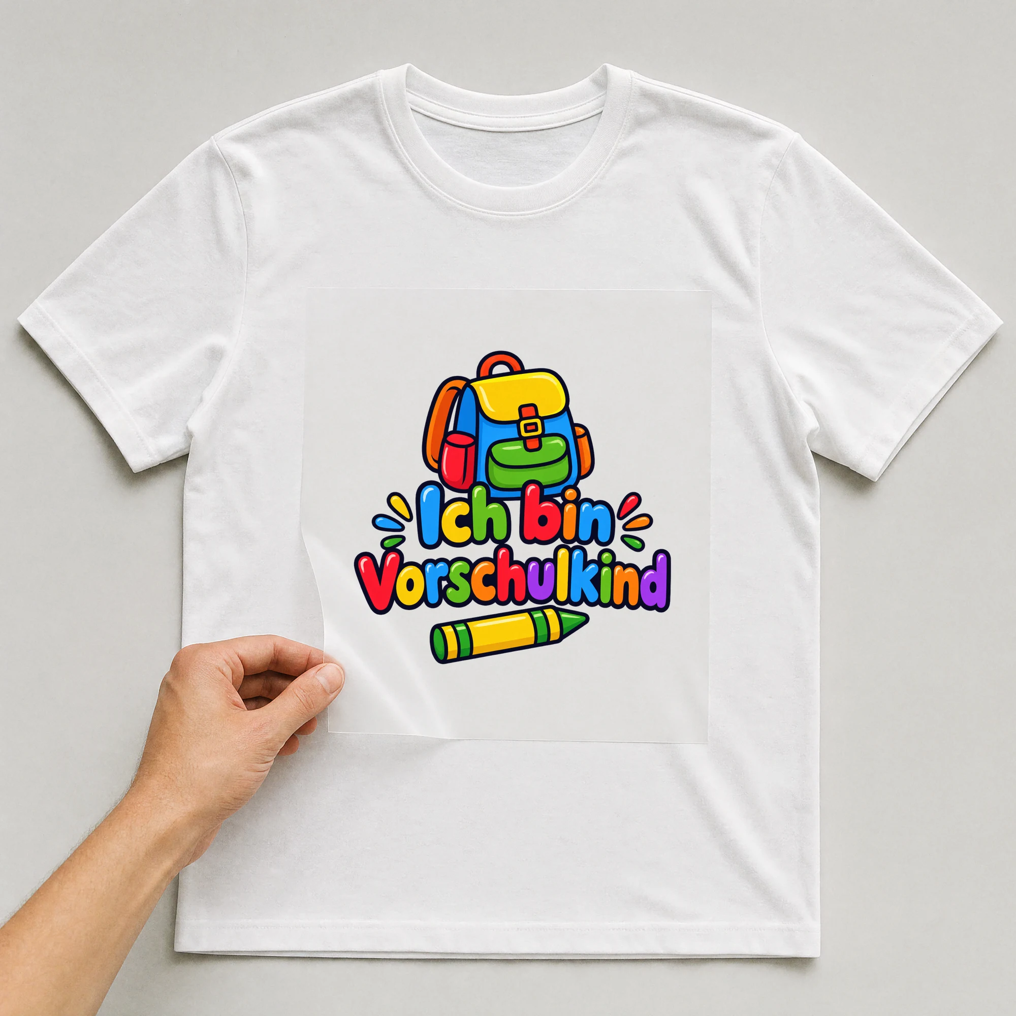 Bügelbild „Ich bin Vorschulkind“ auf weißem T-Shirt, Folie wird aufgelegt