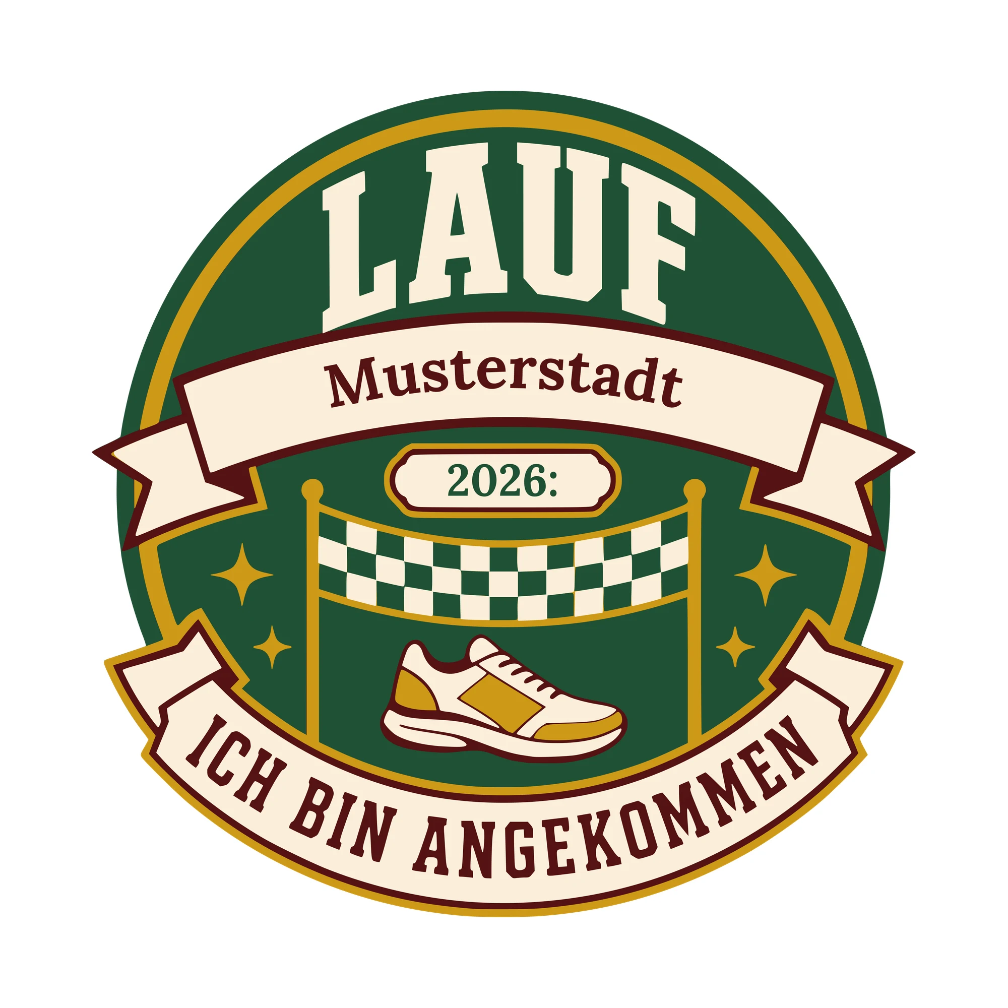 Bügelbild Lauf: Ich bin angekommen mit Ort und Jahr als Grafik auf weißem Hintergrund (BB010509)