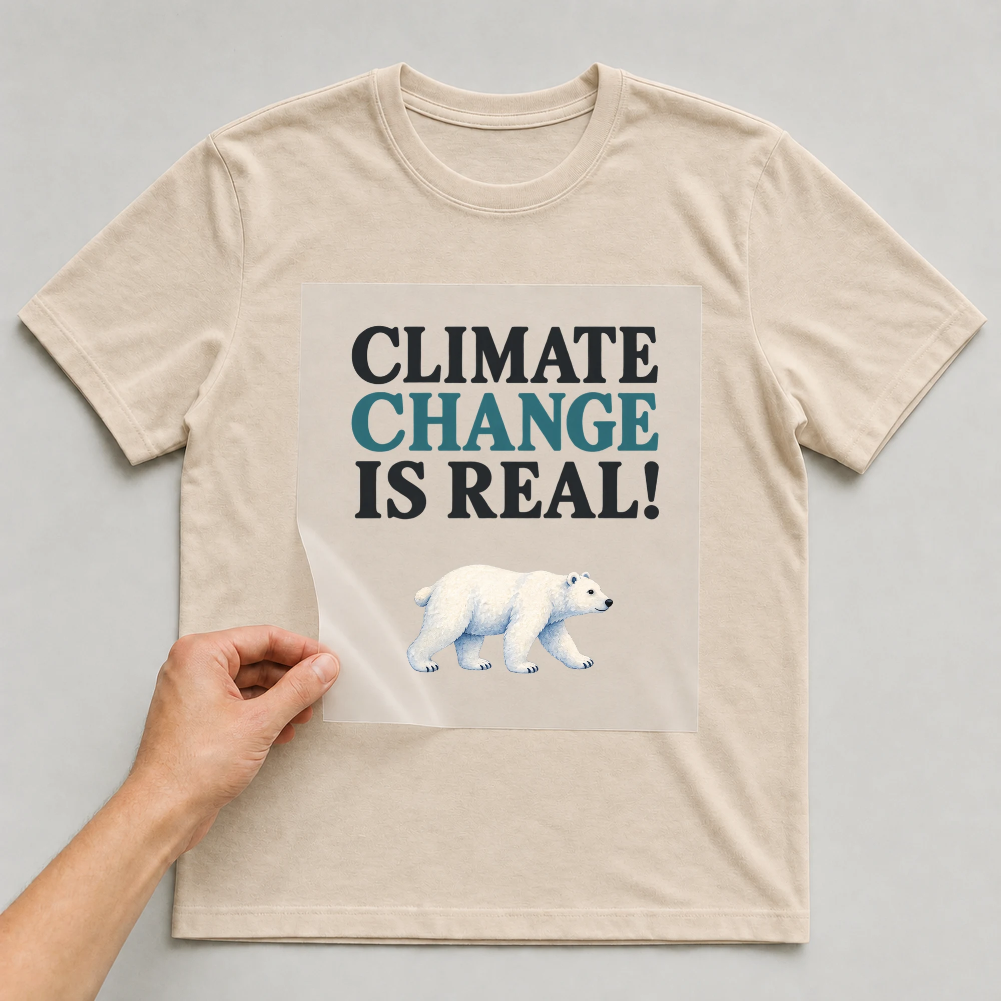Bügelbild „CLIMATE CHANGE IS REAL!“ auf beigem T-Shirt, Folie wird aufgelegt