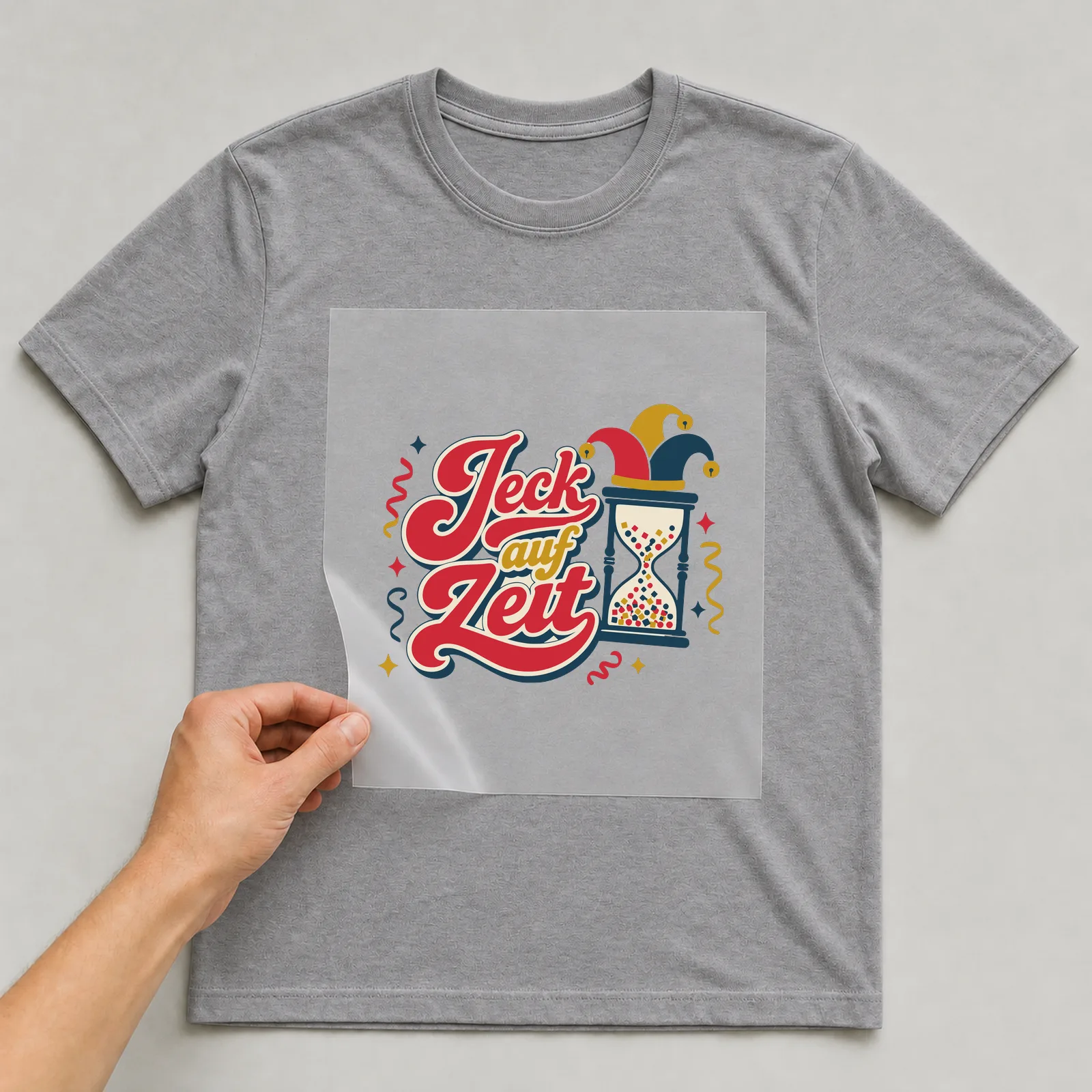 Bügelbild Jeck auf Zeit auf grauem T-Shirt, Folie wird aufgelegt