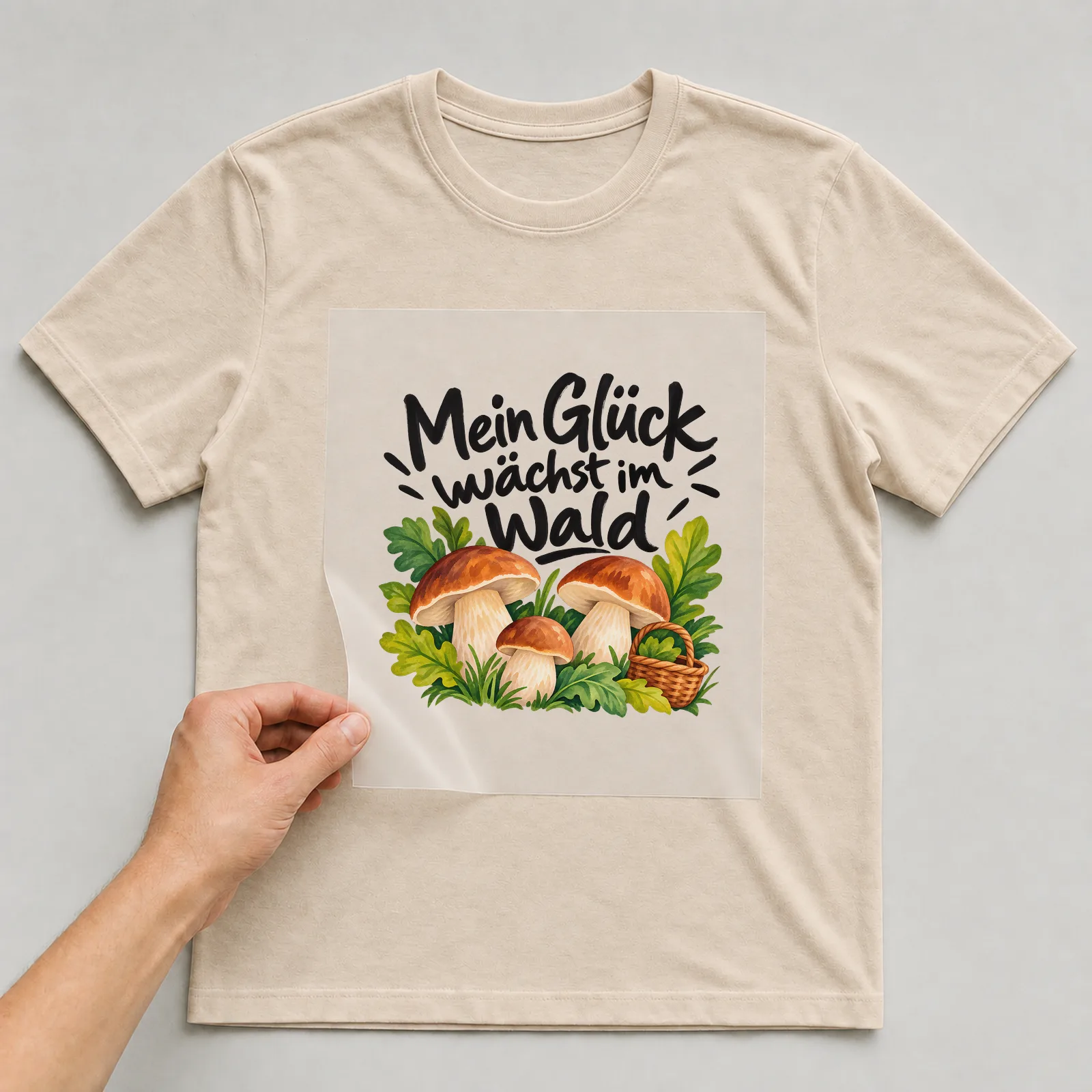 Bügelbild „Mein Glück wächst im Wald“ auf beigem T-Shirt, Folie wird aufgelegt