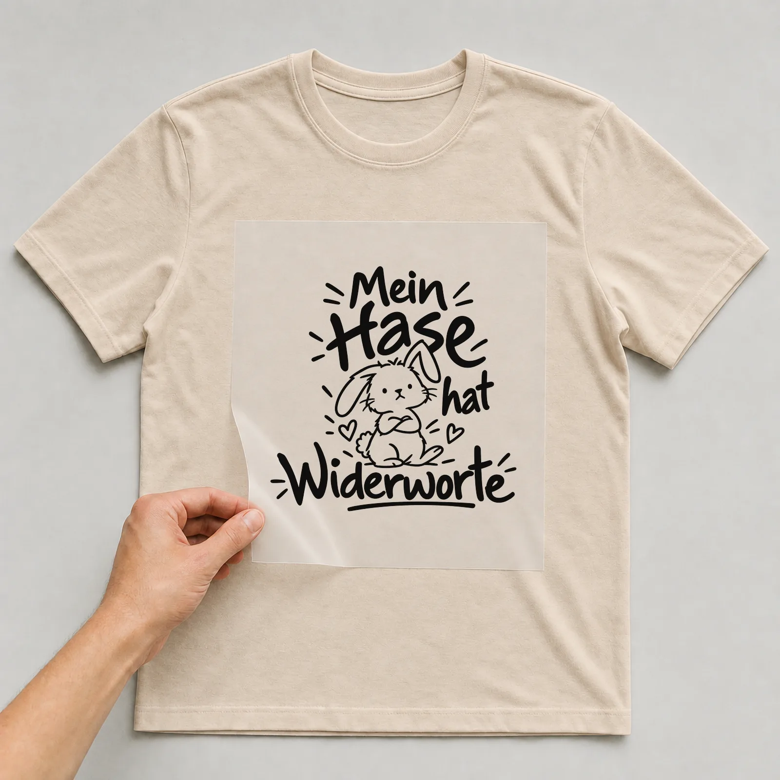 Bügelbild „Mein Hase hat Widerworte“ auf beigem T-Shirt, Folie wird aufgelegt