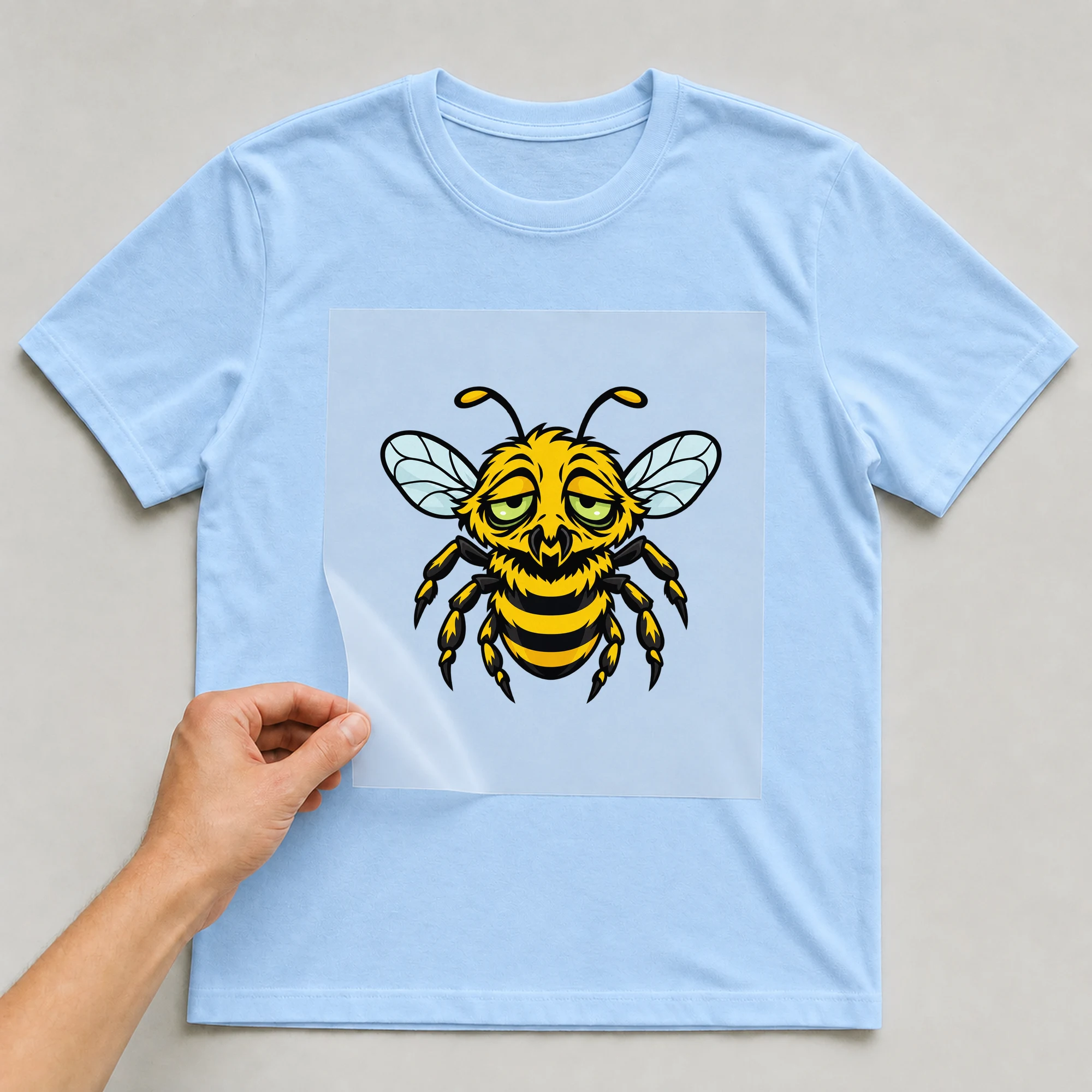 Bügelbild „Zombee Halloween Zombie Biene“ auf babyblauem T-Shirt, Folie wird aufgelegt