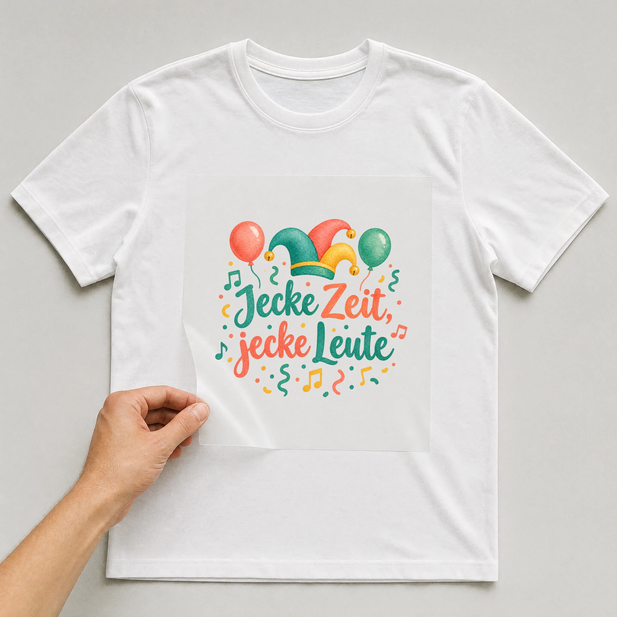 Bügelbild „Jecke Zeit, jecke Leute“ auf weißem T-Shirt, Folie wird aufgelegt