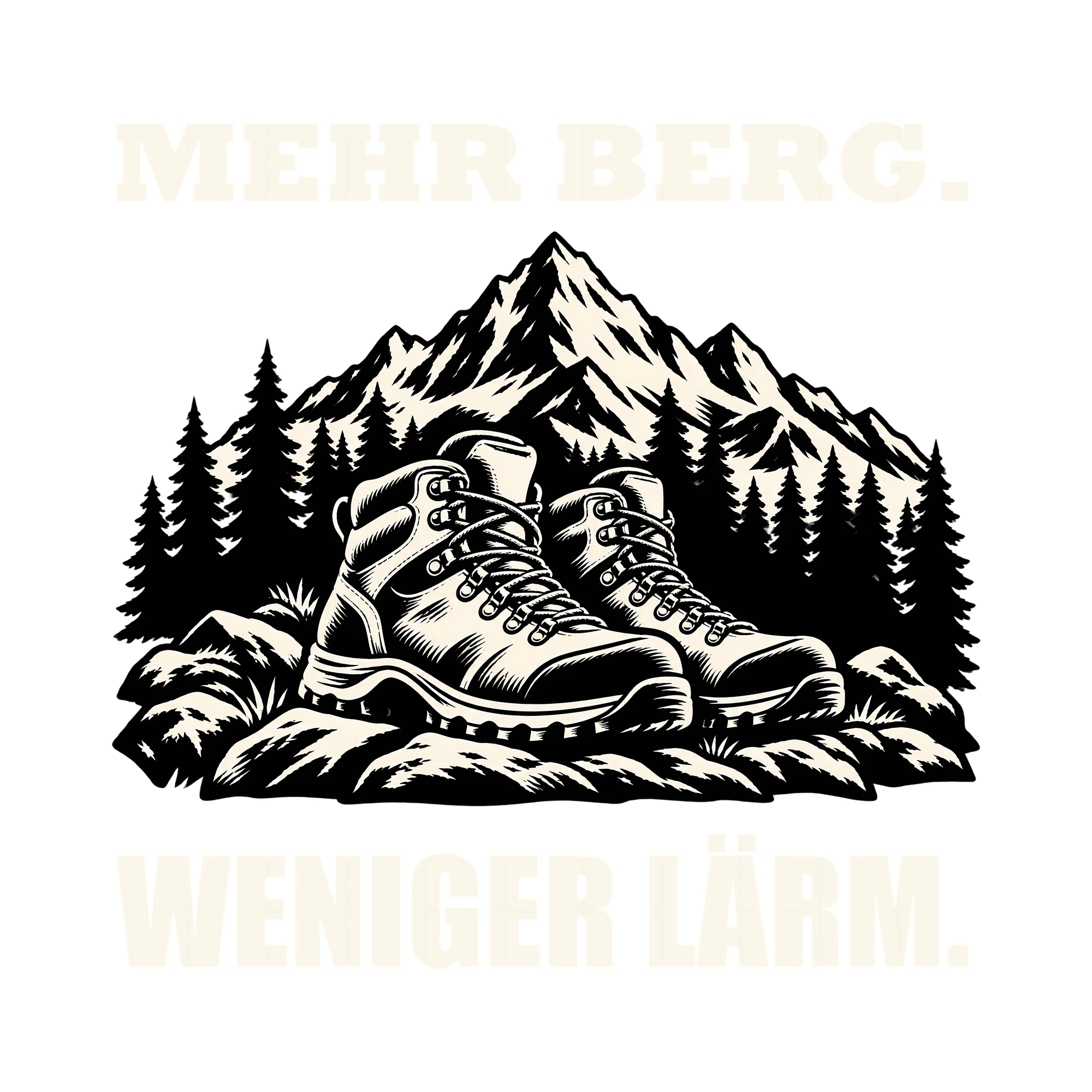 Bügelbild MEHR BERG. WENIGER LÄRM. als Grafik auf weißem Hintergrund (BB013194)