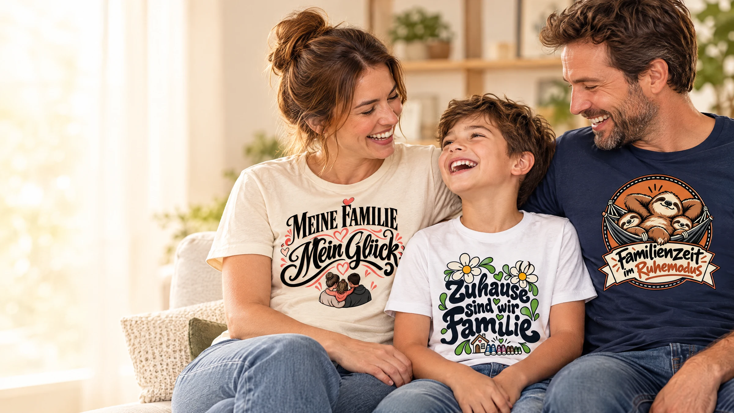 Paare und Familie: Eltern mit Kind auf dem Sofa mit den Bügelbild-Motiven Zuhause sind wir Familie, Meine Familie mein Glück und Familienzeit im Ruhemodus