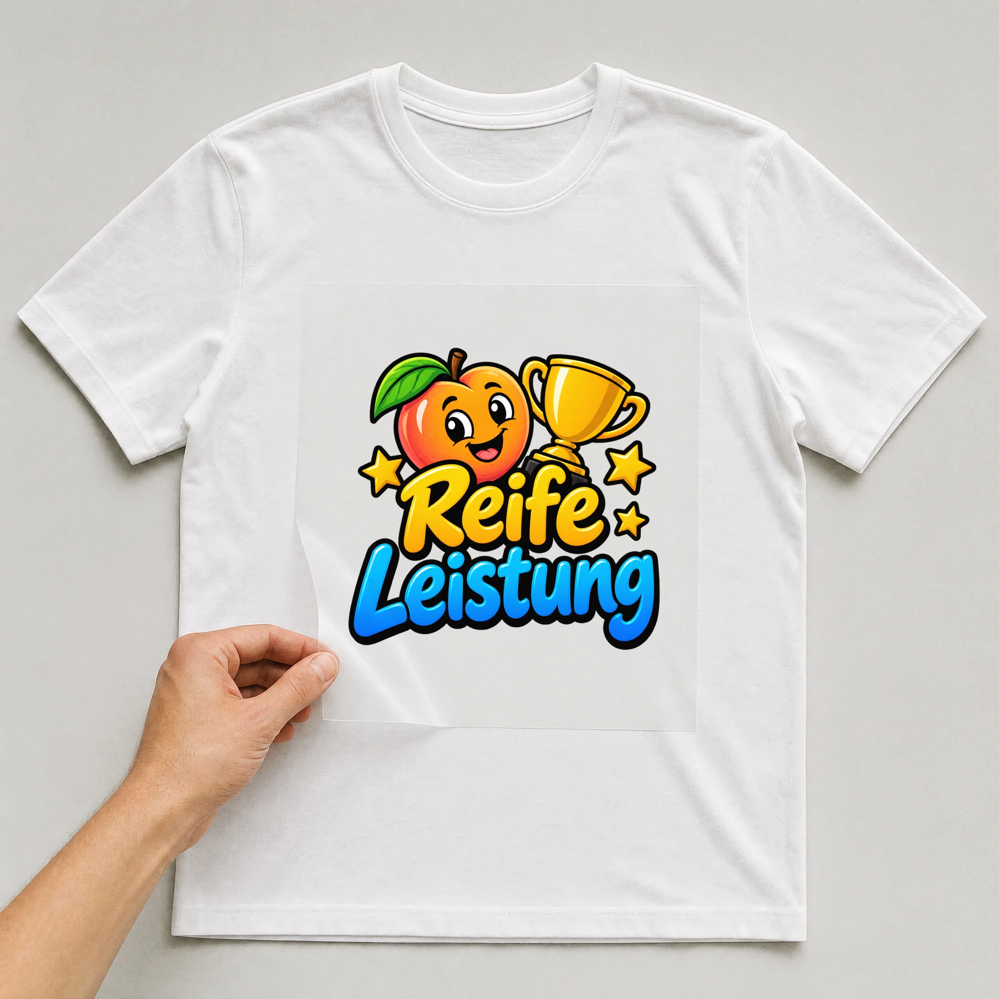 Bügelbild „Reife Leistung“ auf weißem T-Shirt, Folie wird aufgelegt