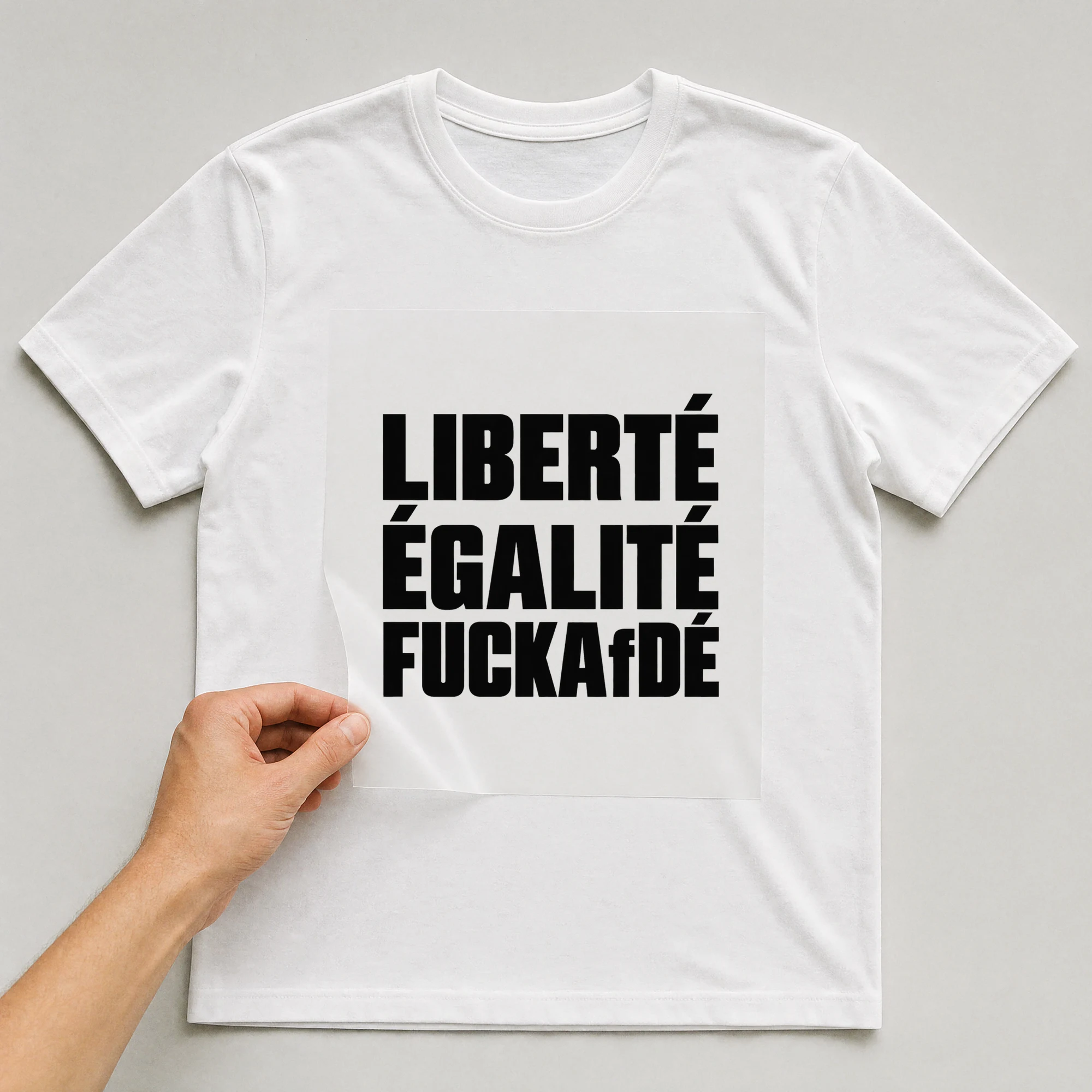 Bügelbild „Liberté Égalité F*ckafdé“ auf weißem T-Shirt, Folie wird aufgelegt
