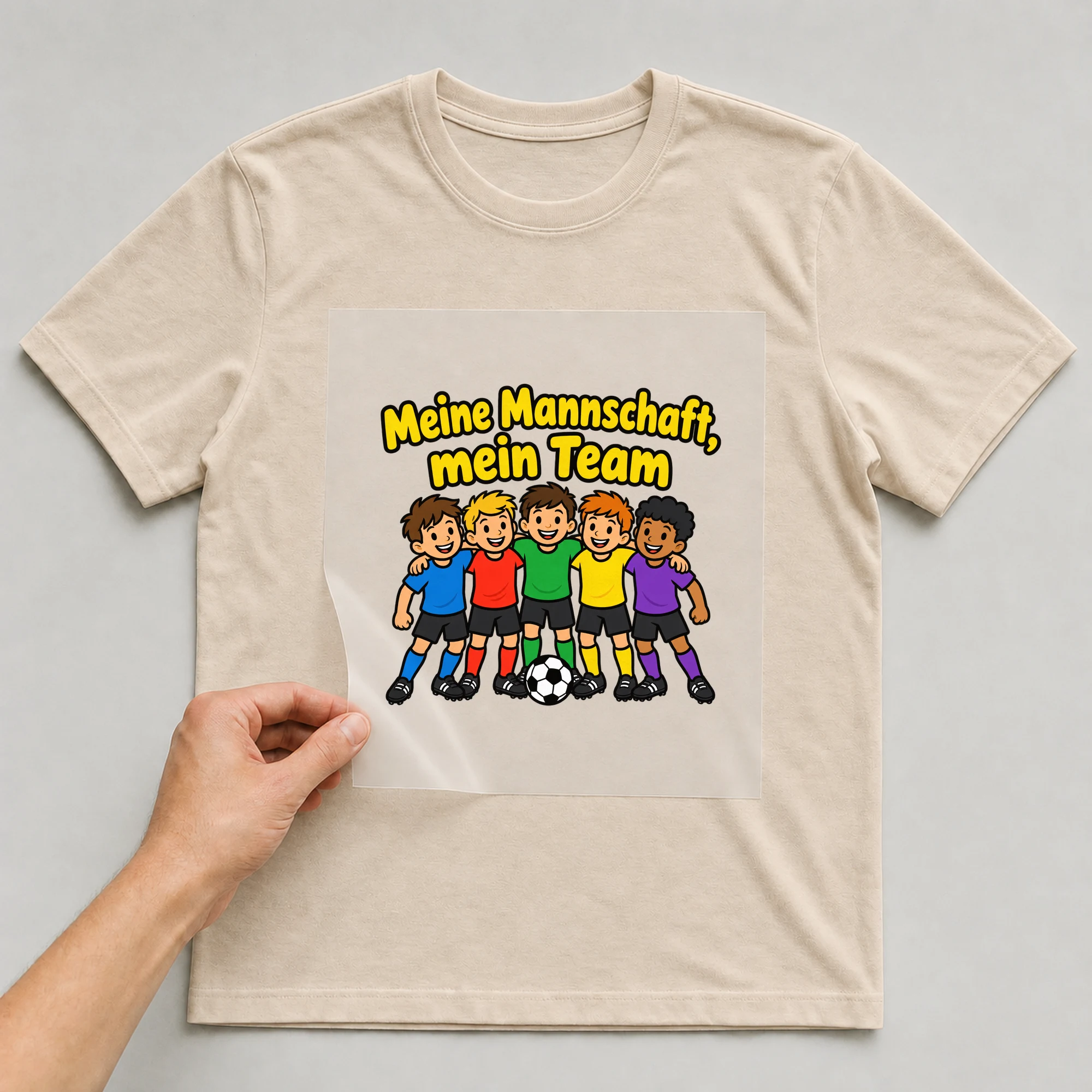 Bügelbild „Meine Mannschaft, mein Team“ auf beigem T-Shirt, Folie wird aufgelegt