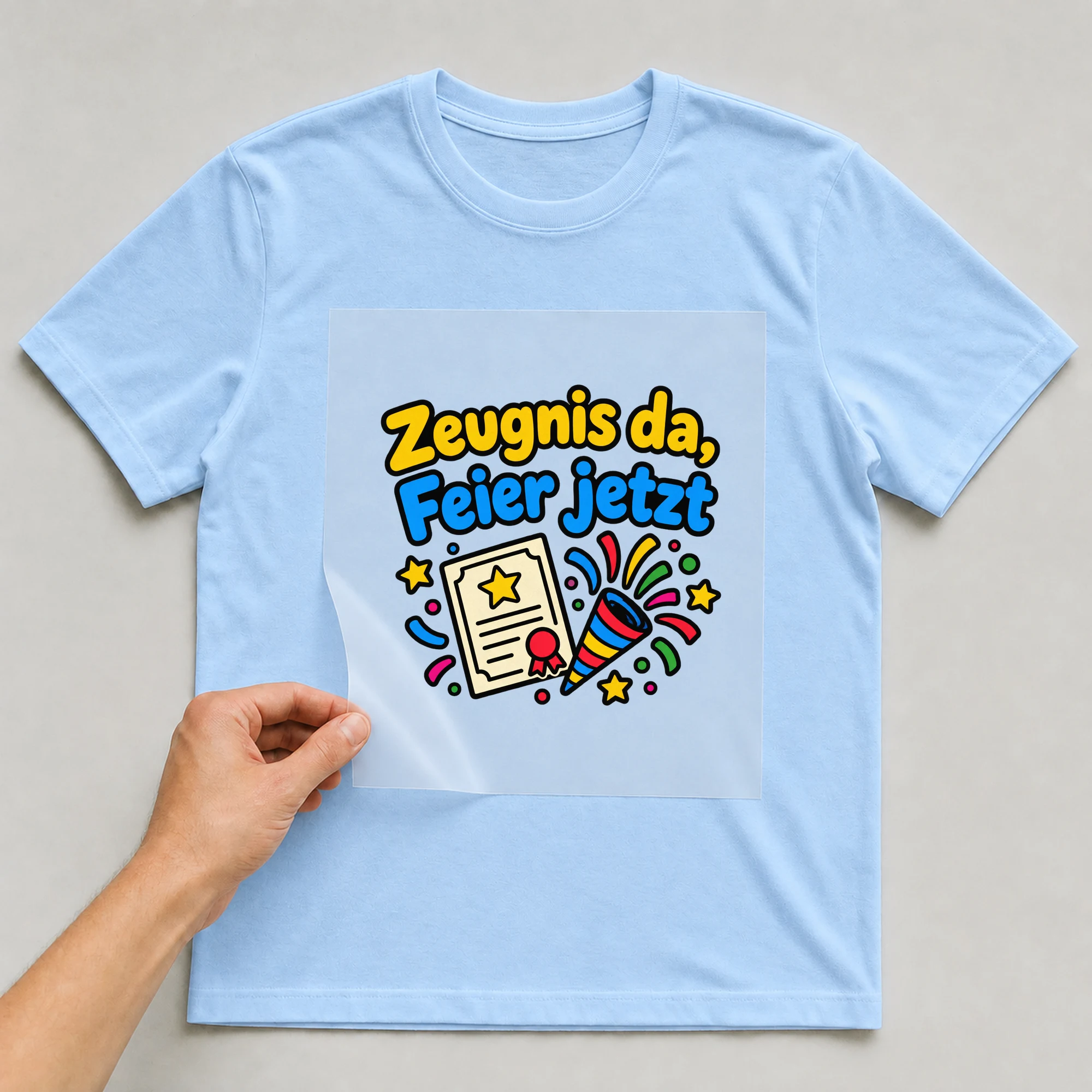 Bügelbild „Zeugnis da, Feier jetzt“ auf babyblauem T-Shirt, Folie wird aufgelegt