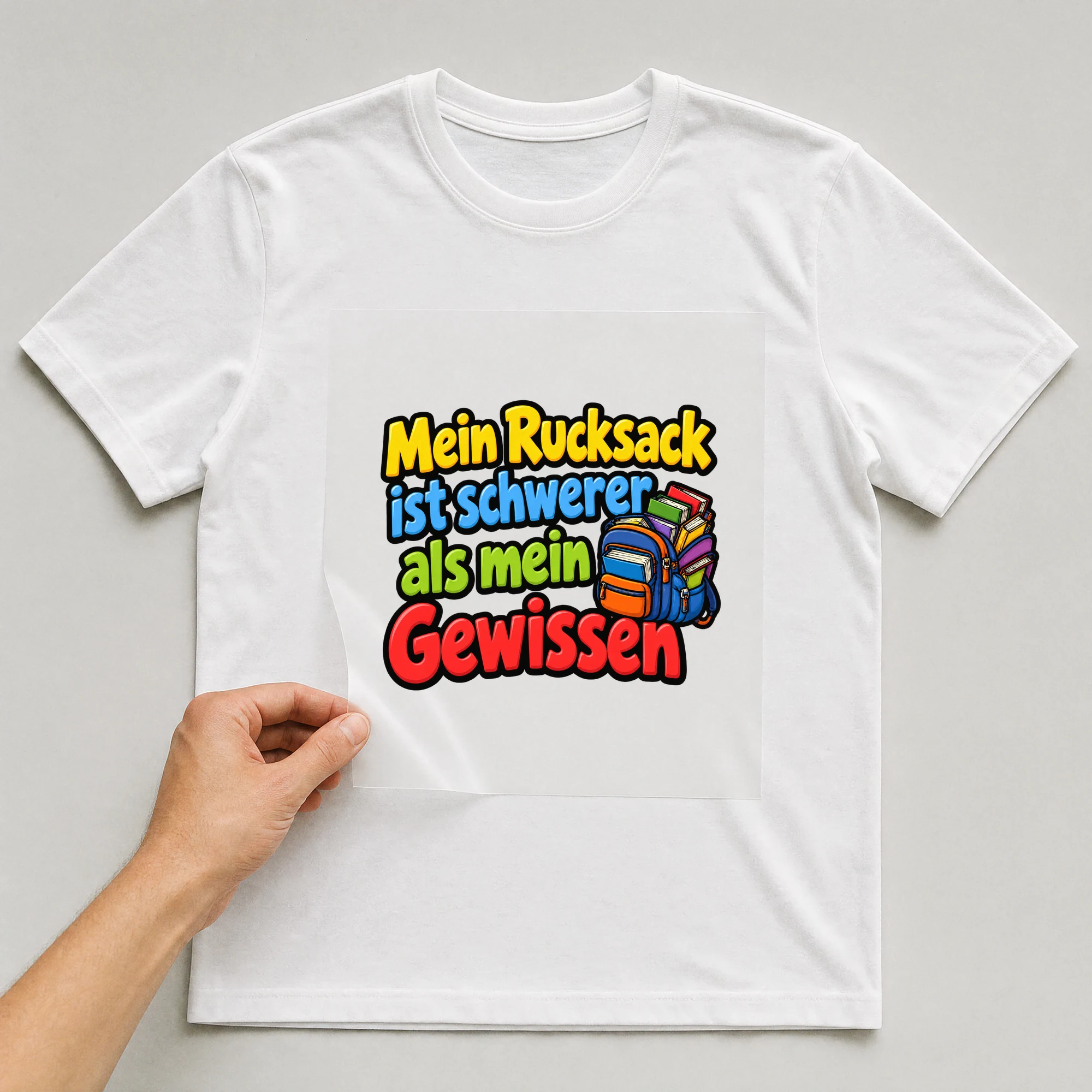 Bügelbild „Mein Rucksack ist schwerer als mein Gewissen“ auf weißem T-Shirt, Folie wird aufgelegt