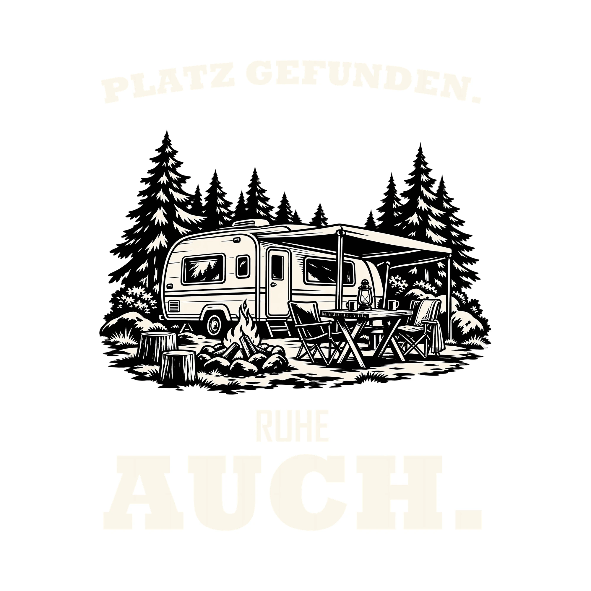 Bügelbild PLATZ GEFUNDEN. RUHE AUCH. als Grafik auf weißem Hintergrund (BB012764)
